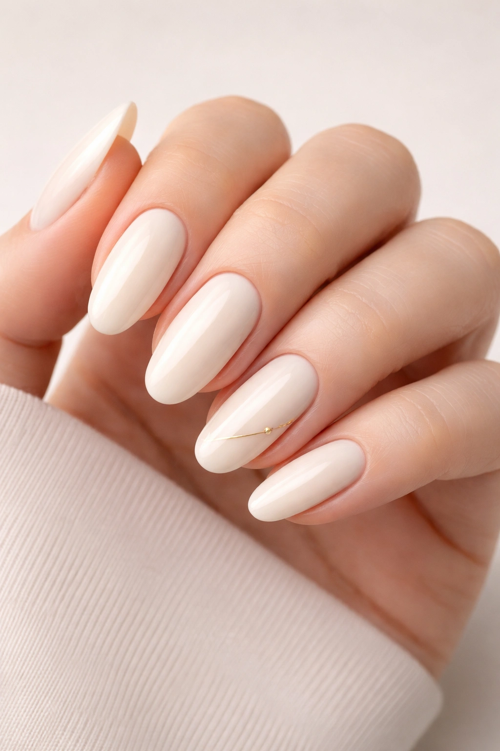 Close-up of creamy ivory nails with a single asymmetrical accent nail on the ring finger.