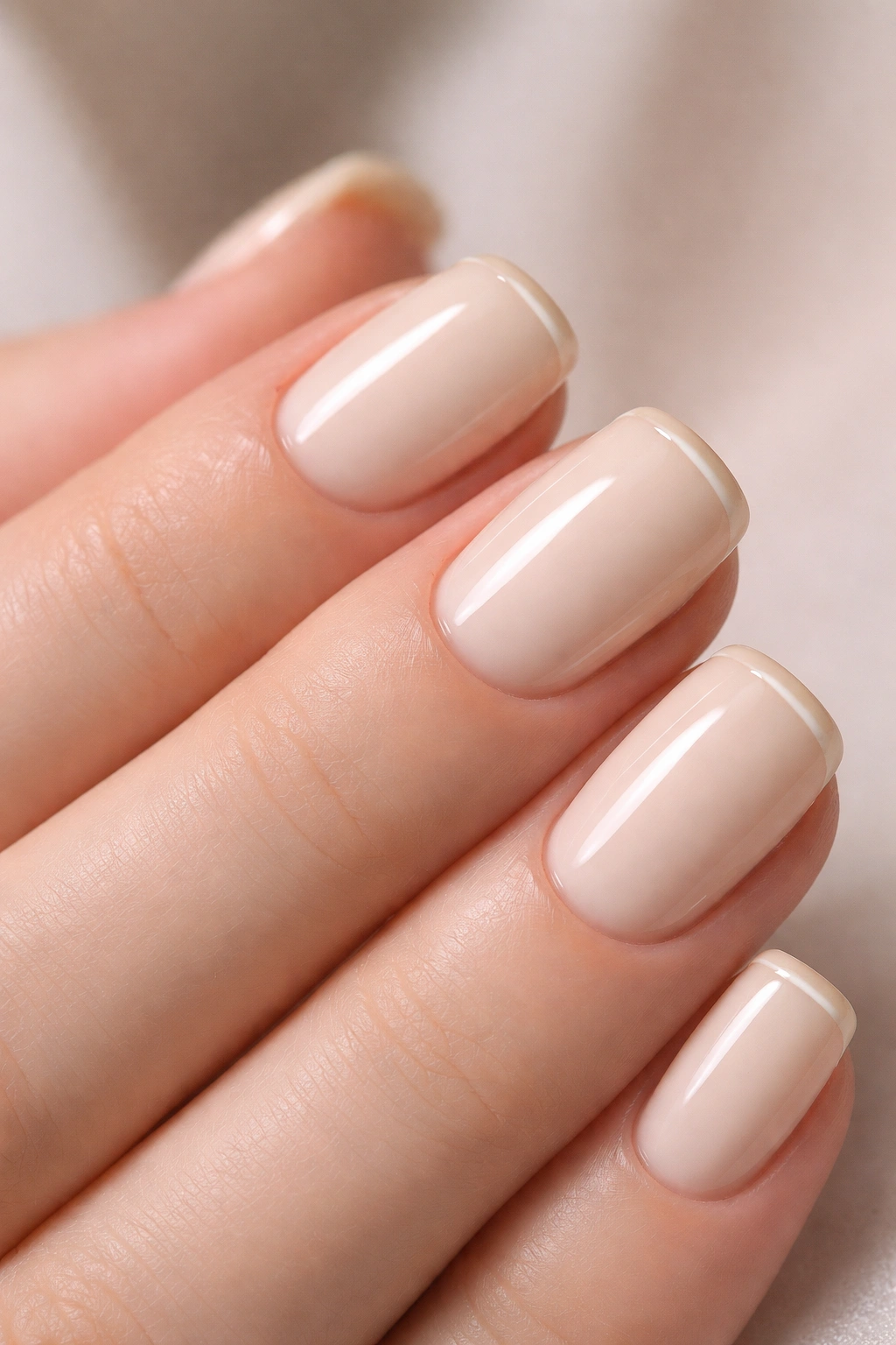 Close-up of short squoval acrylic nails in creamy ivory with a subtle halo near the tips