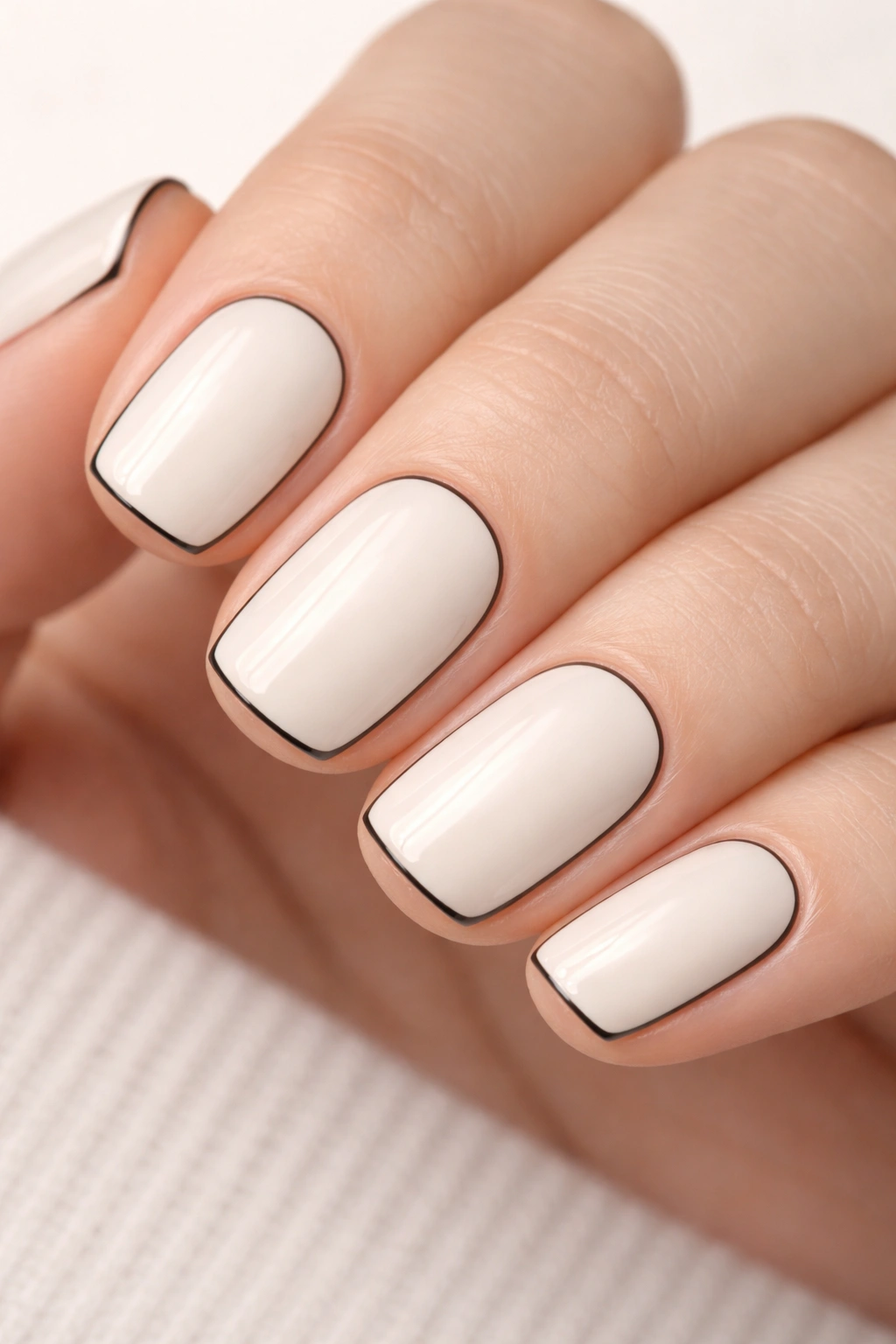Creamy ivory nails with thin black outline around edges