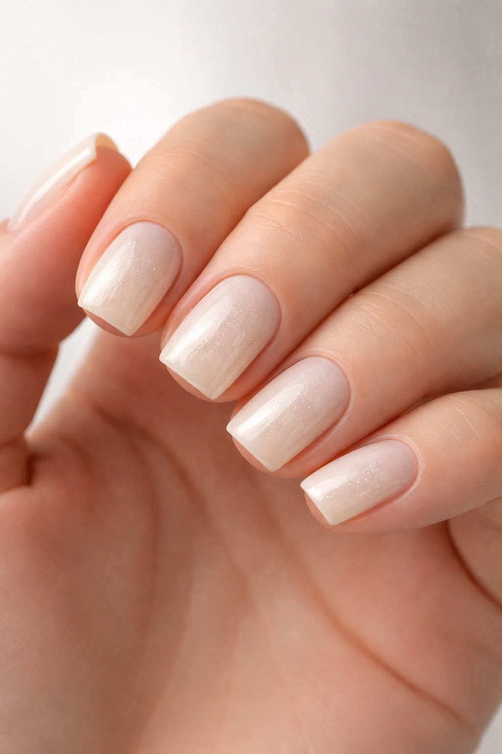 Close-up of short soft square nails in creamy ivory with subtle shimmer