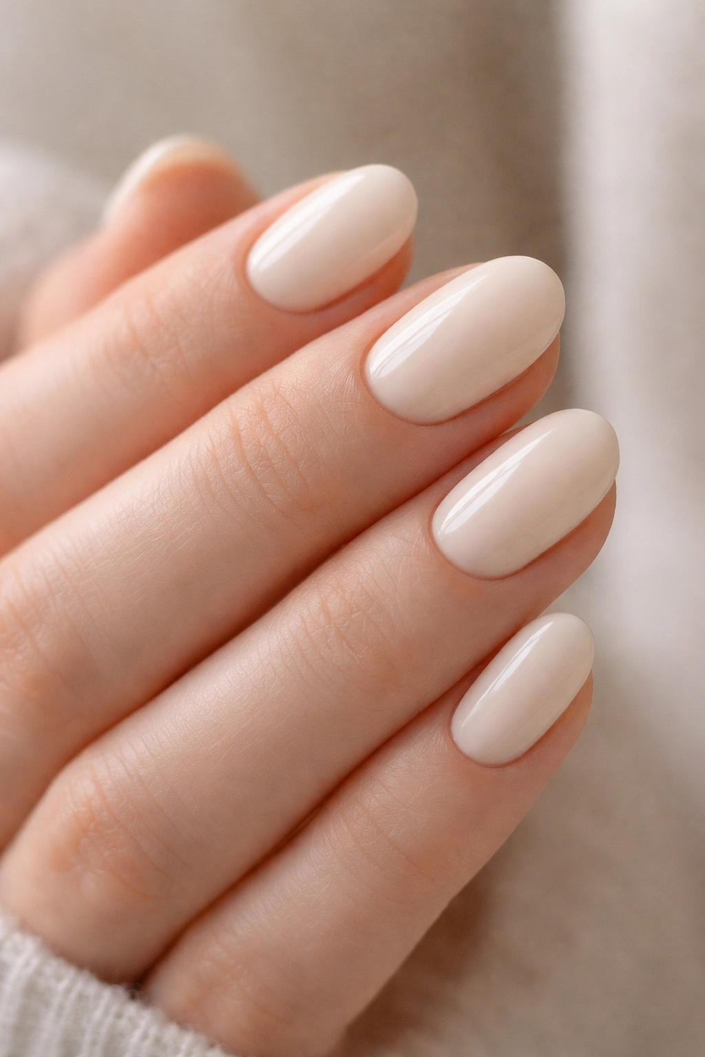Close-up of short oval nails in creamy ivory with soft warmth and glossy finish