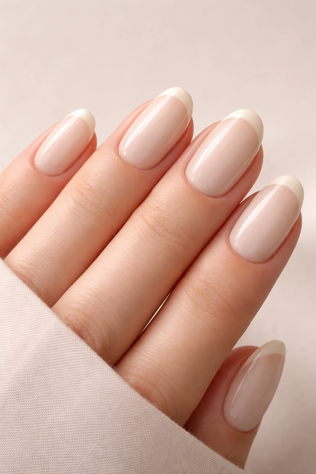 Close-up of creamy ivory nails with subtle french tips