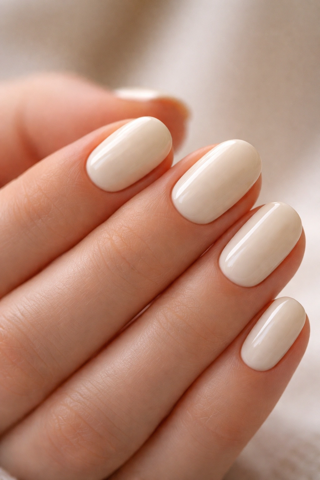 Close-up of short oval nails in creamy ivory with glossy finish.