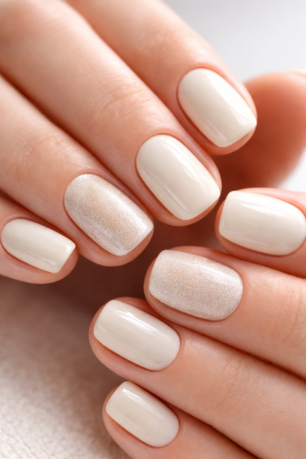 Close-up of creamy ivory nails with velvet accent nails showing texture variation.