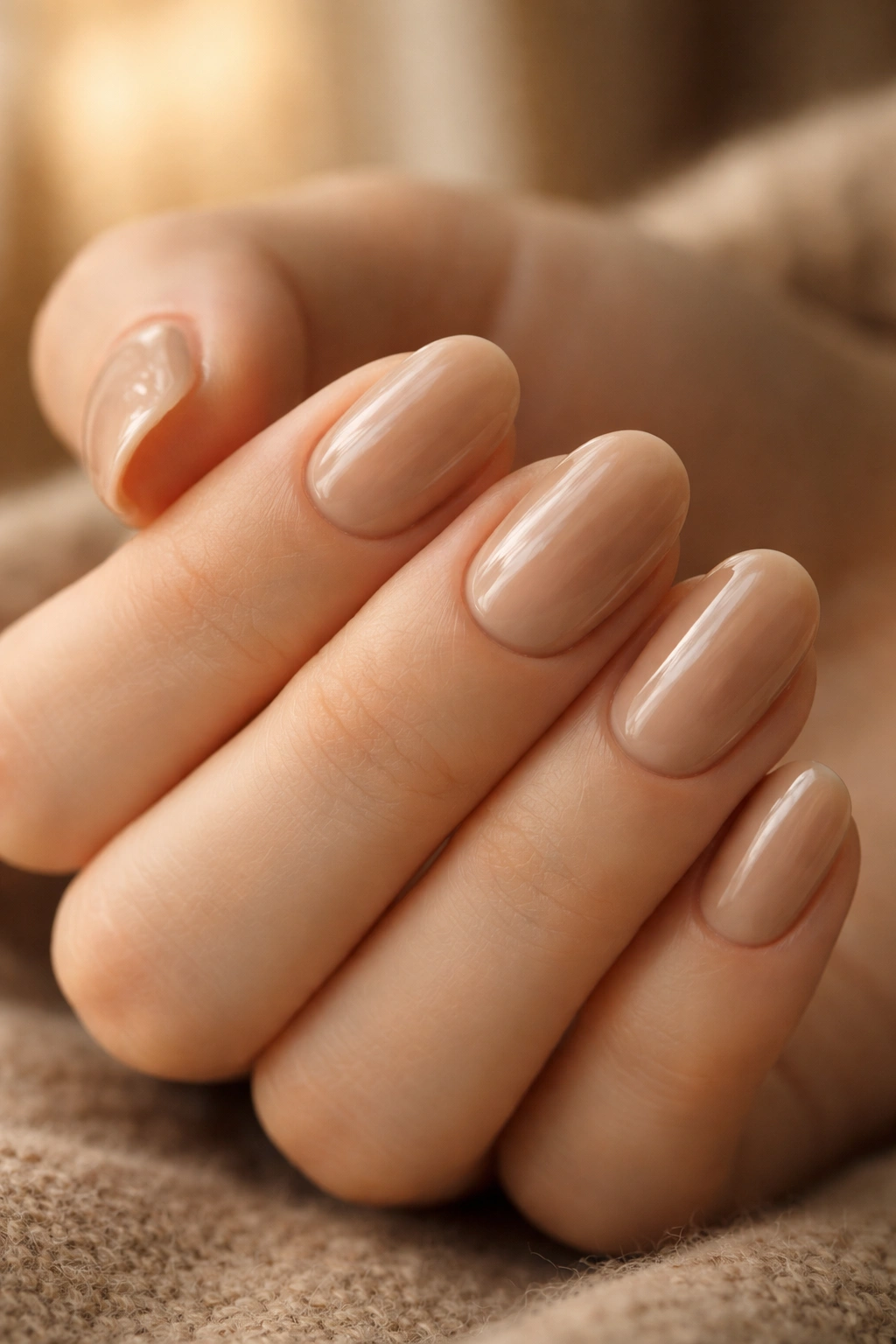 Close-up of short oval nails with creamy latte overlay and glossy finish