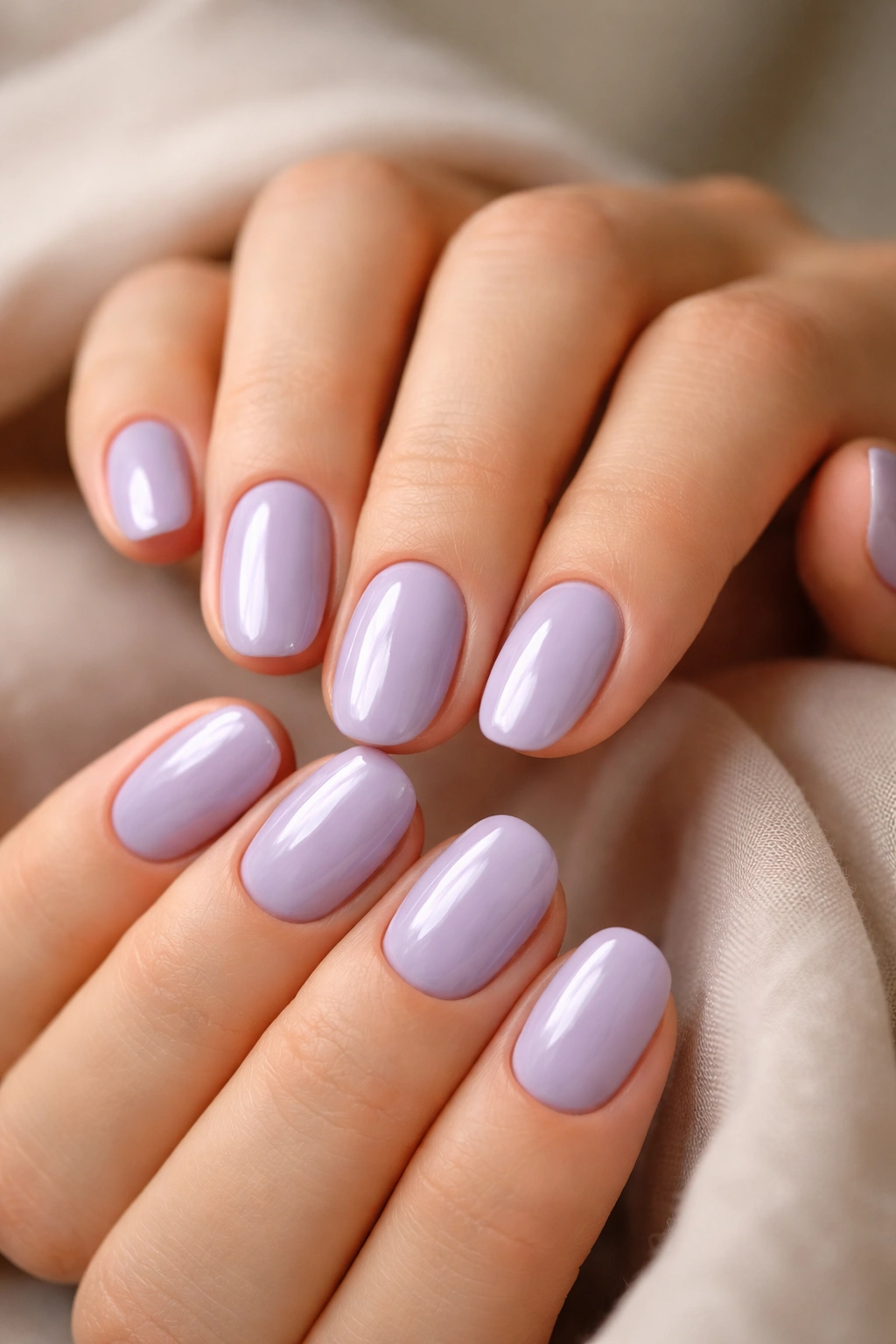 Close-up of short oval nails painted creamy lavender with milky finish