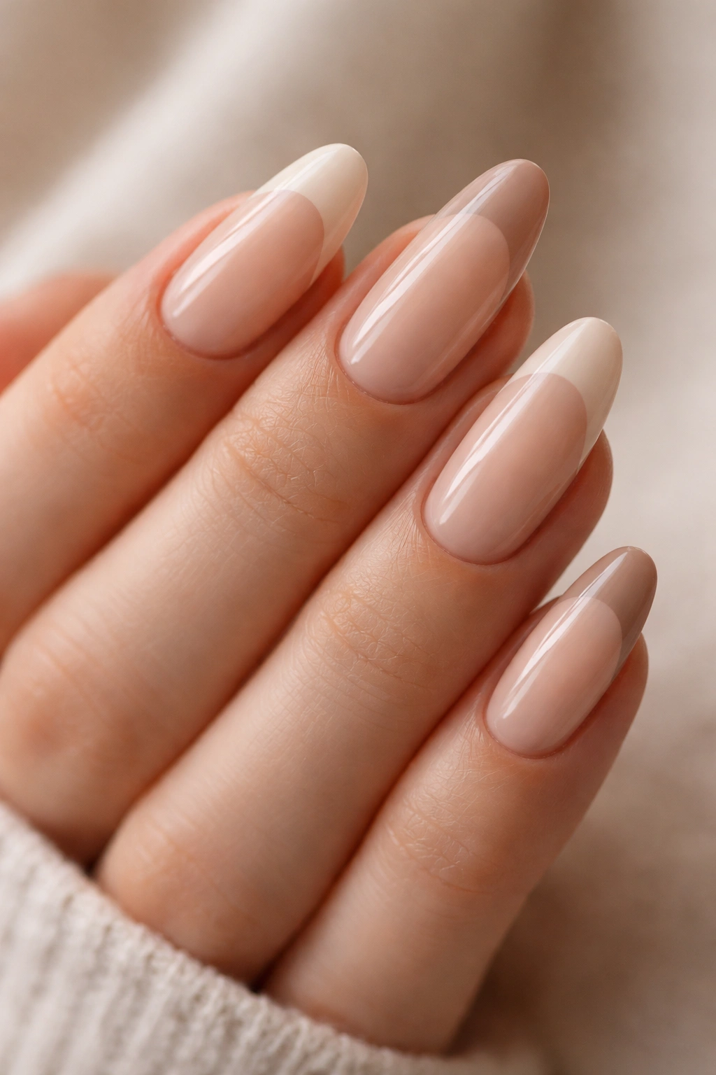 Close-up of long oval nails with creamy neutral tips on nude base