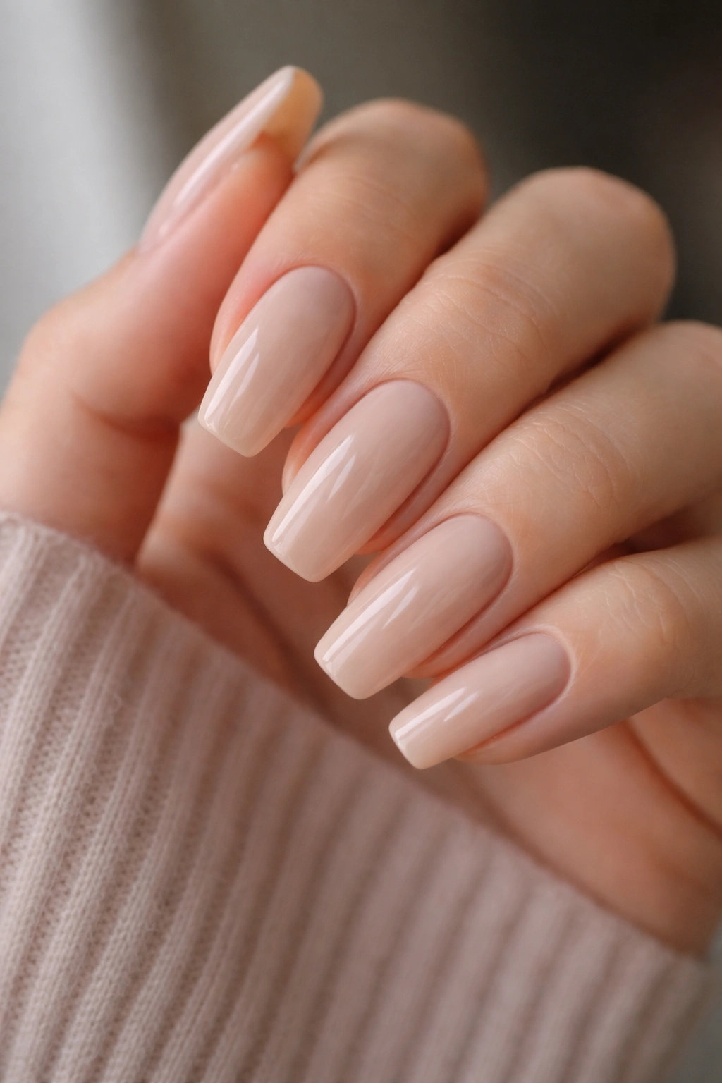 Creamy neutral nude nails with no art on a ballerina shape