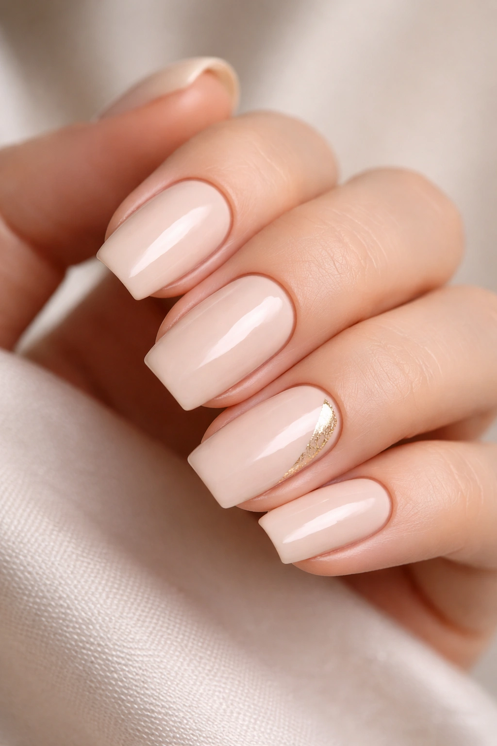 Soft square nails with creamy nude base and a gold accent