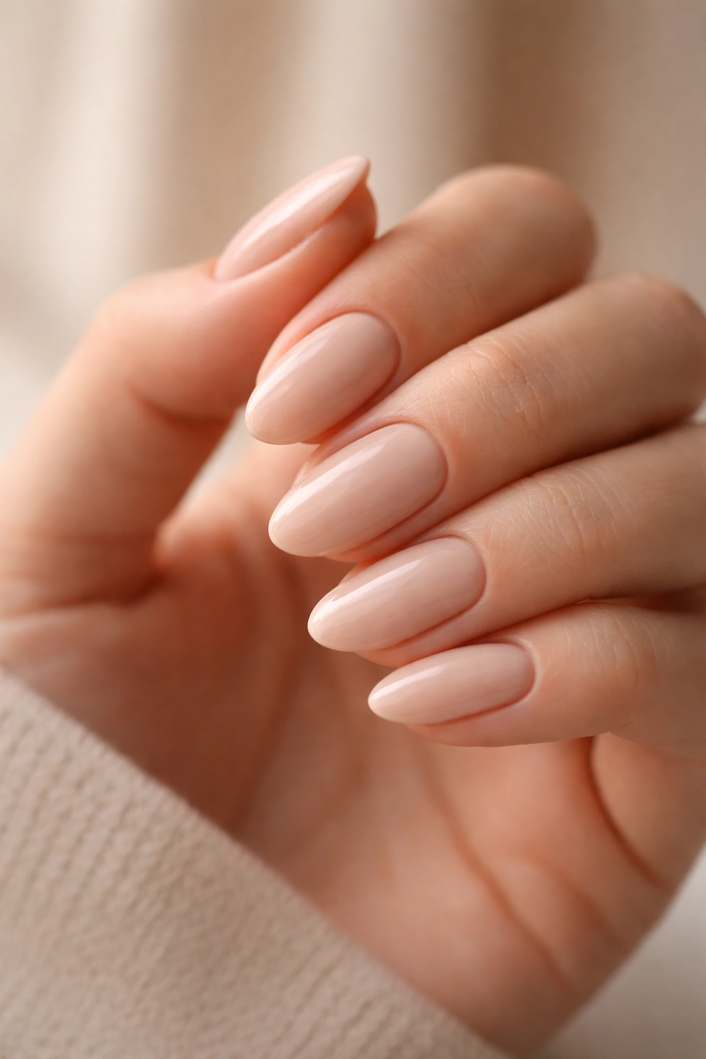 Close-up of creamy nude almond nails on short nails with warm satin finish