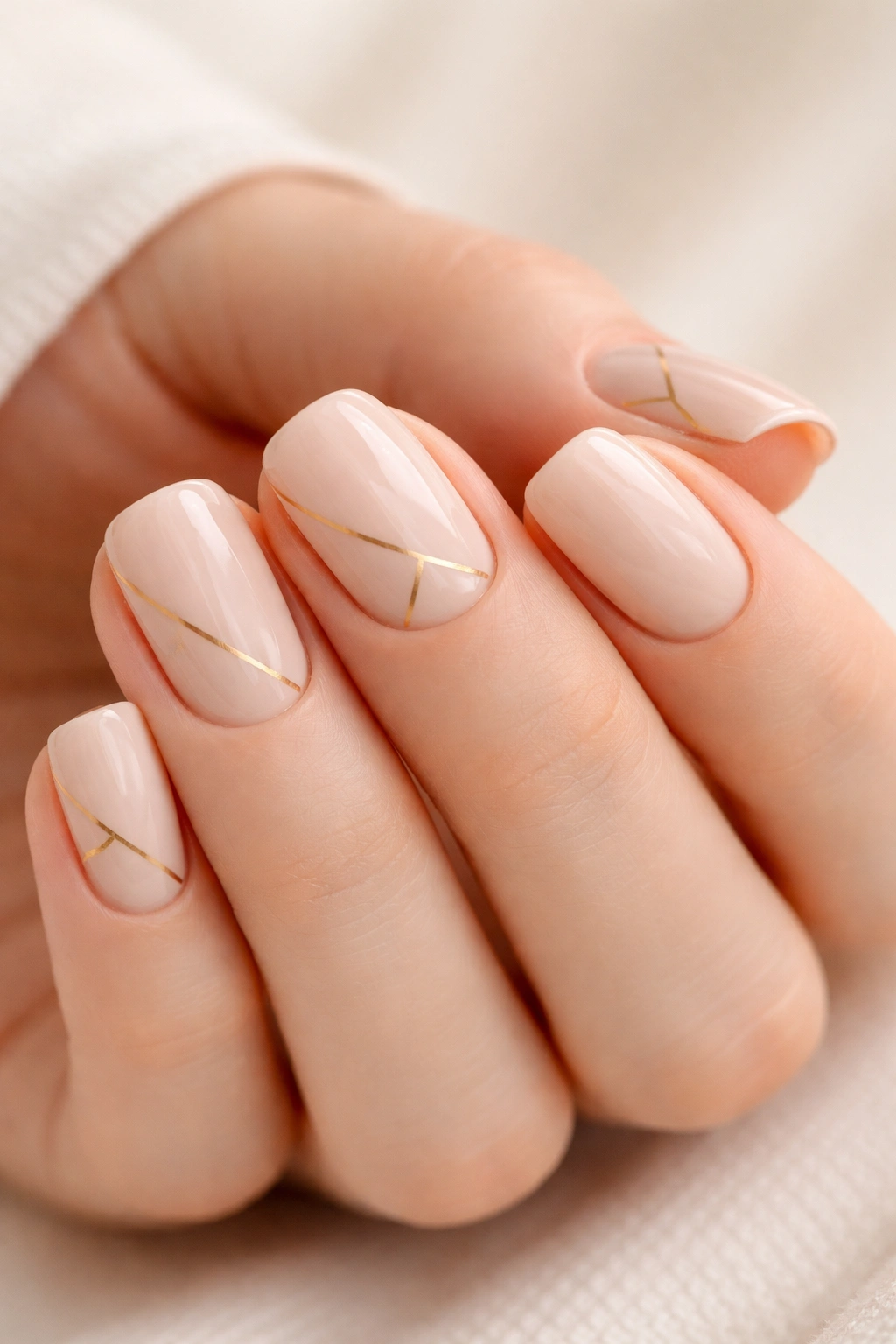 Close-up of short squoval nails in creamy nude with gold geometric lines
