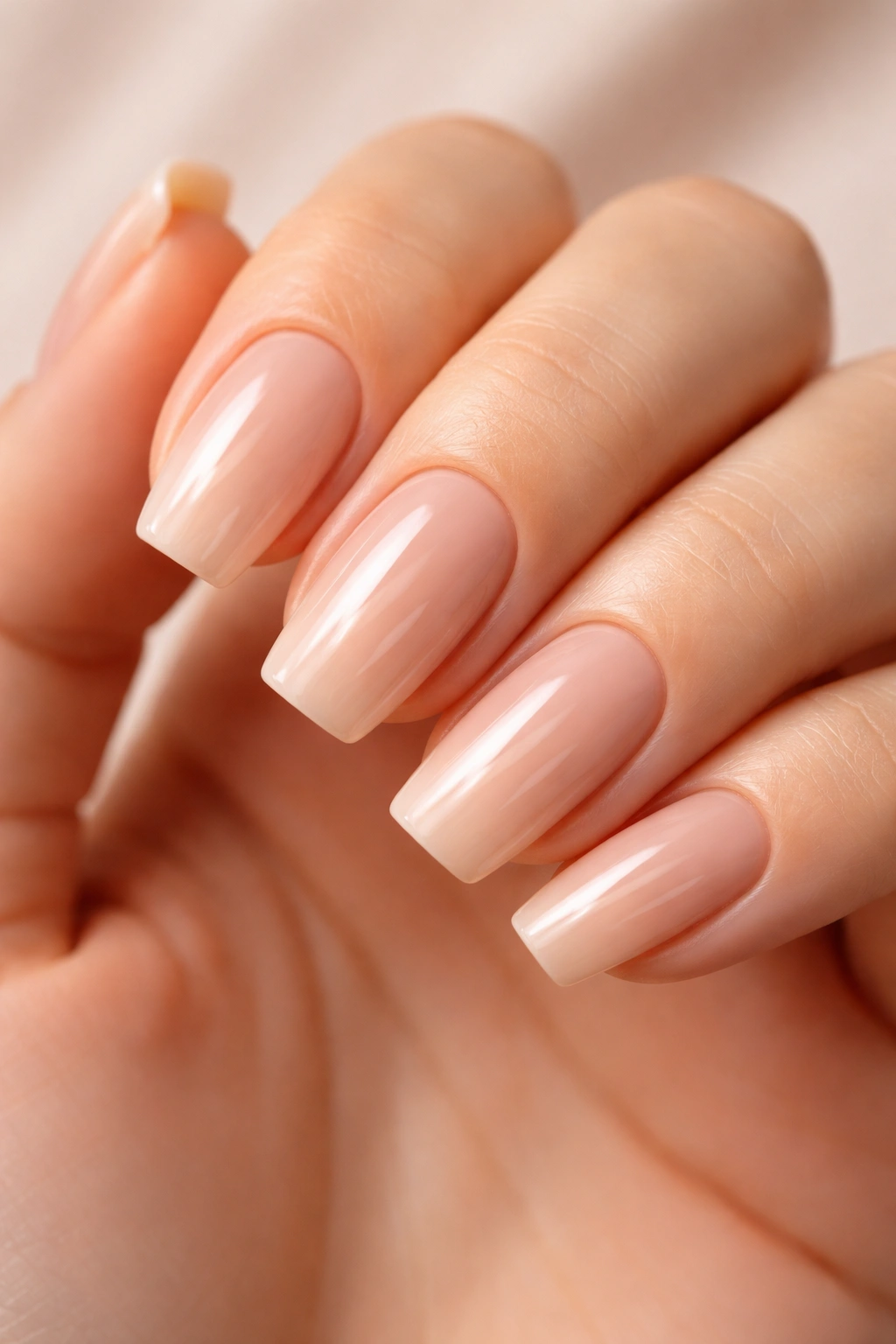 Close-up of creamy nude soft square nails with high-gloss finish