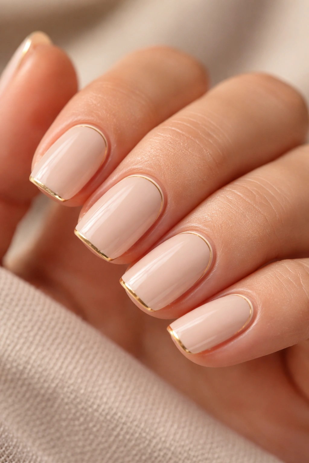 Close-up of short squoval nails in creamy nude with a thin gold liner.
