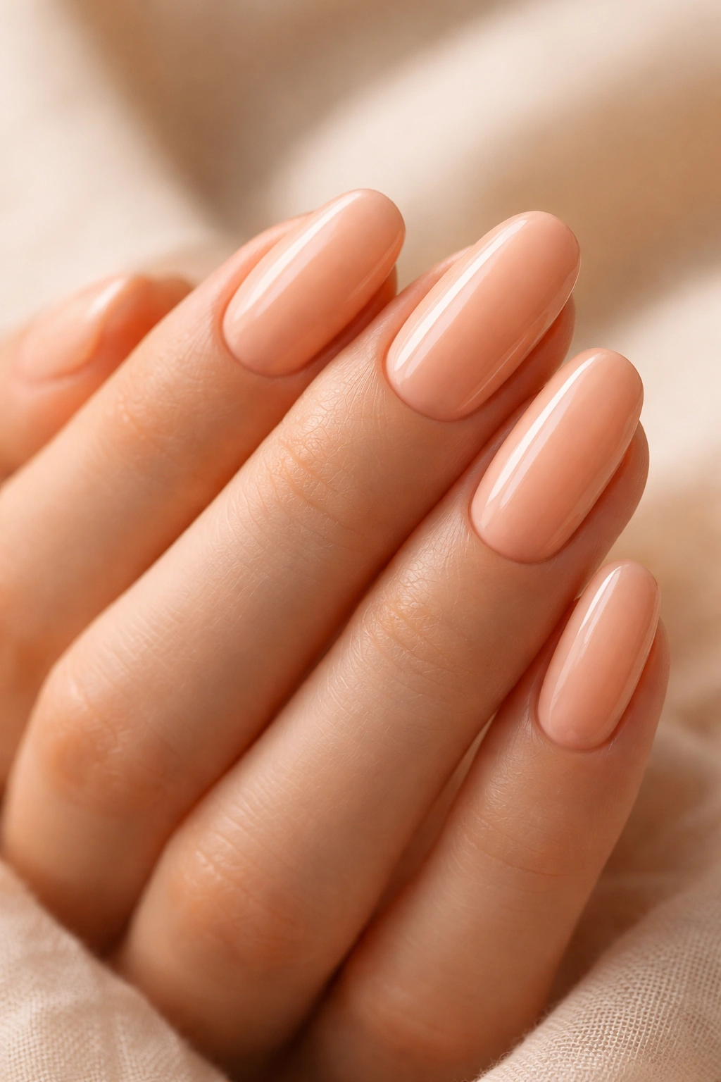 Close-up of creamy peach nails on a hand with soft warm studio lighting