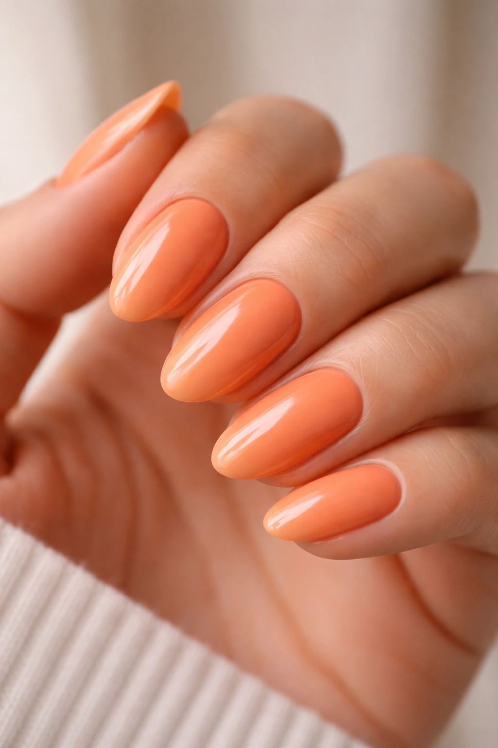 Close-up of short almond nails in creamy tangerine with glossy finish on a neutral background