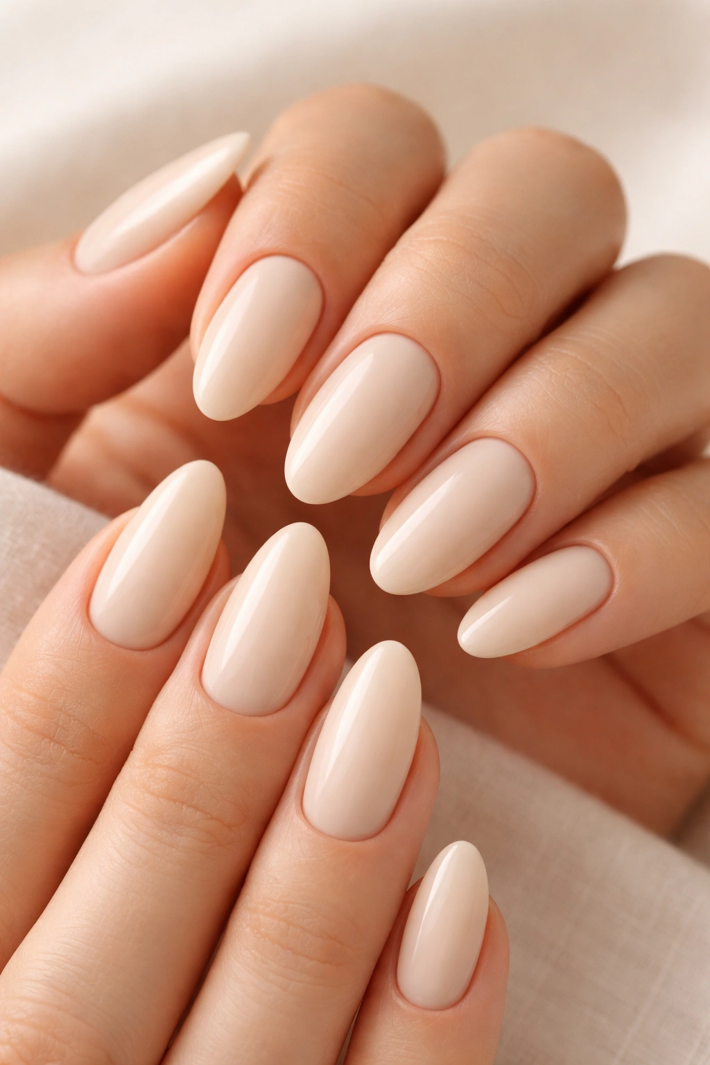 Close-up of creamy vanilla almond nails in warm ivory-beige with clean polish.