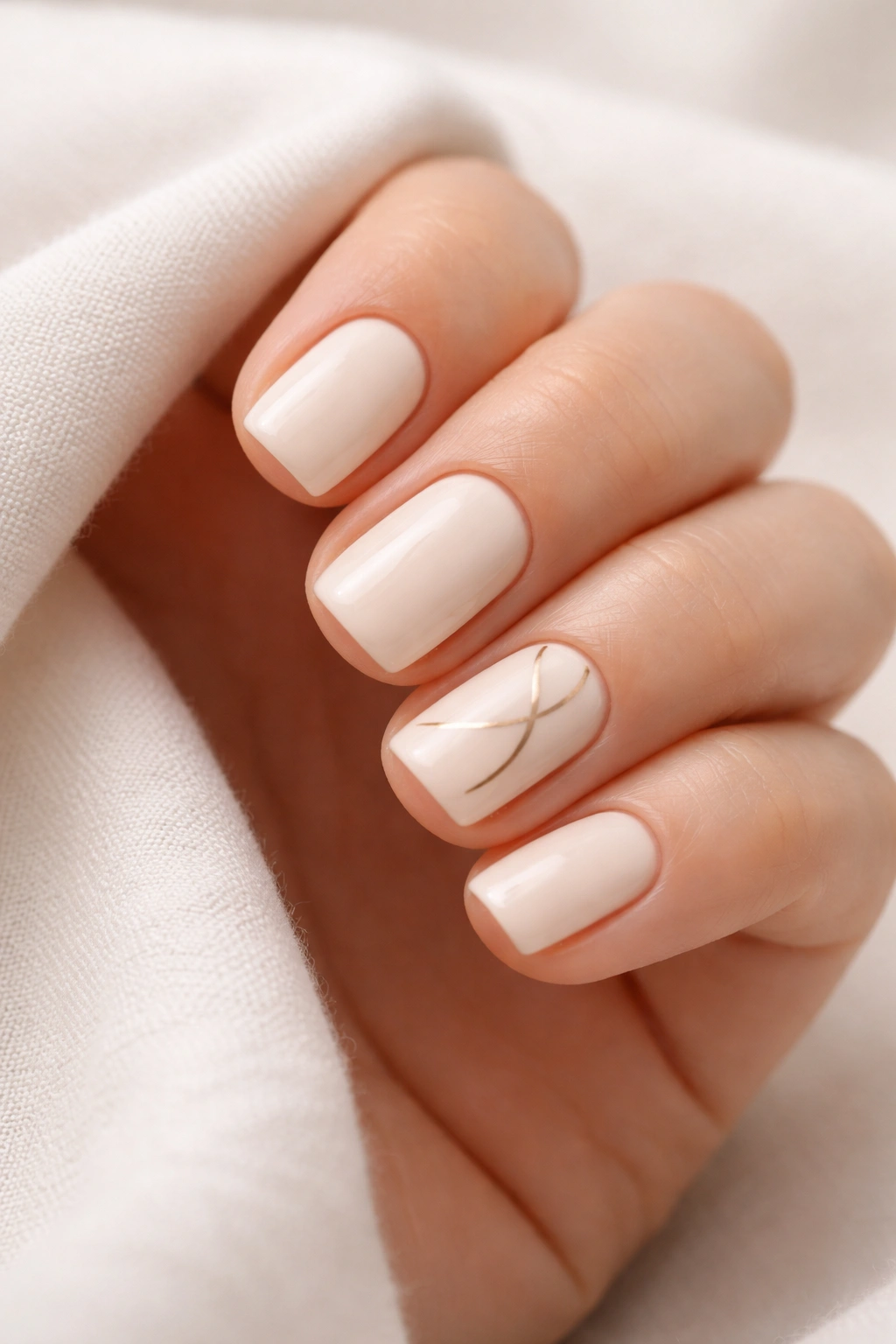 Close-up of short soft square nails with creamy vanilla base and minimal abstract line art
