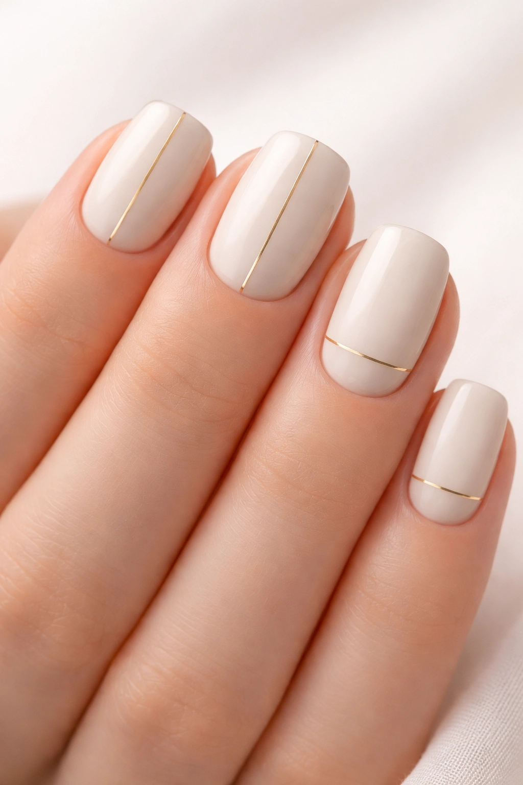 Short squoval nails with creamy vanilla base and thin gold lines.