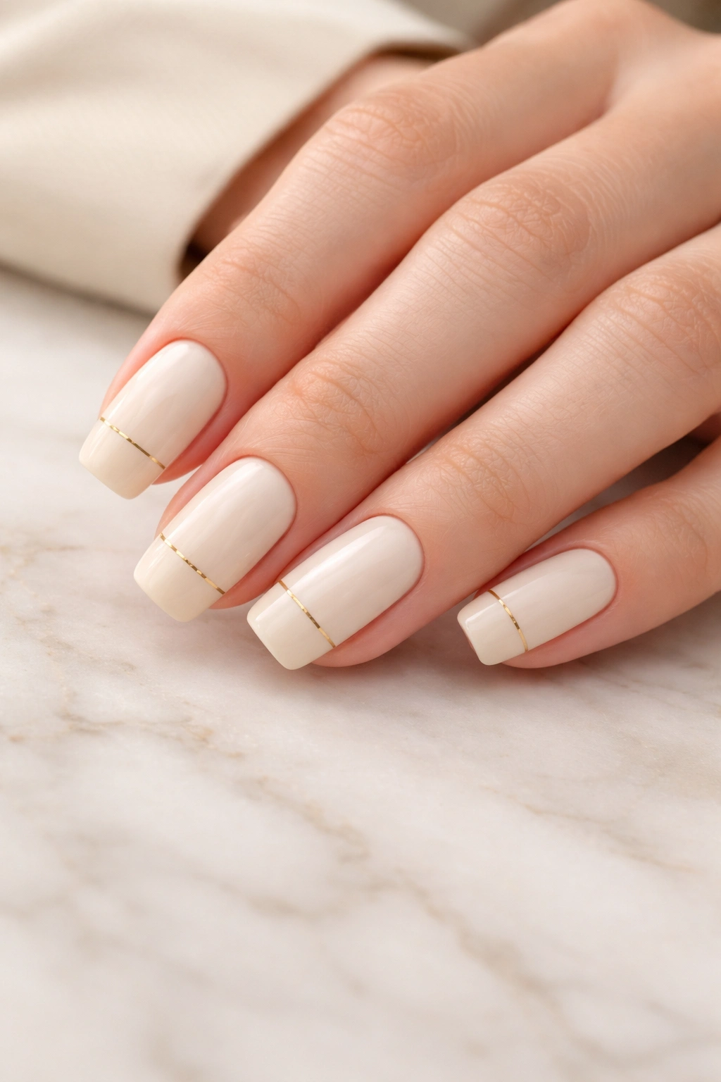 Close-up of creamy vanilla nails with ultra-thin gold stripes