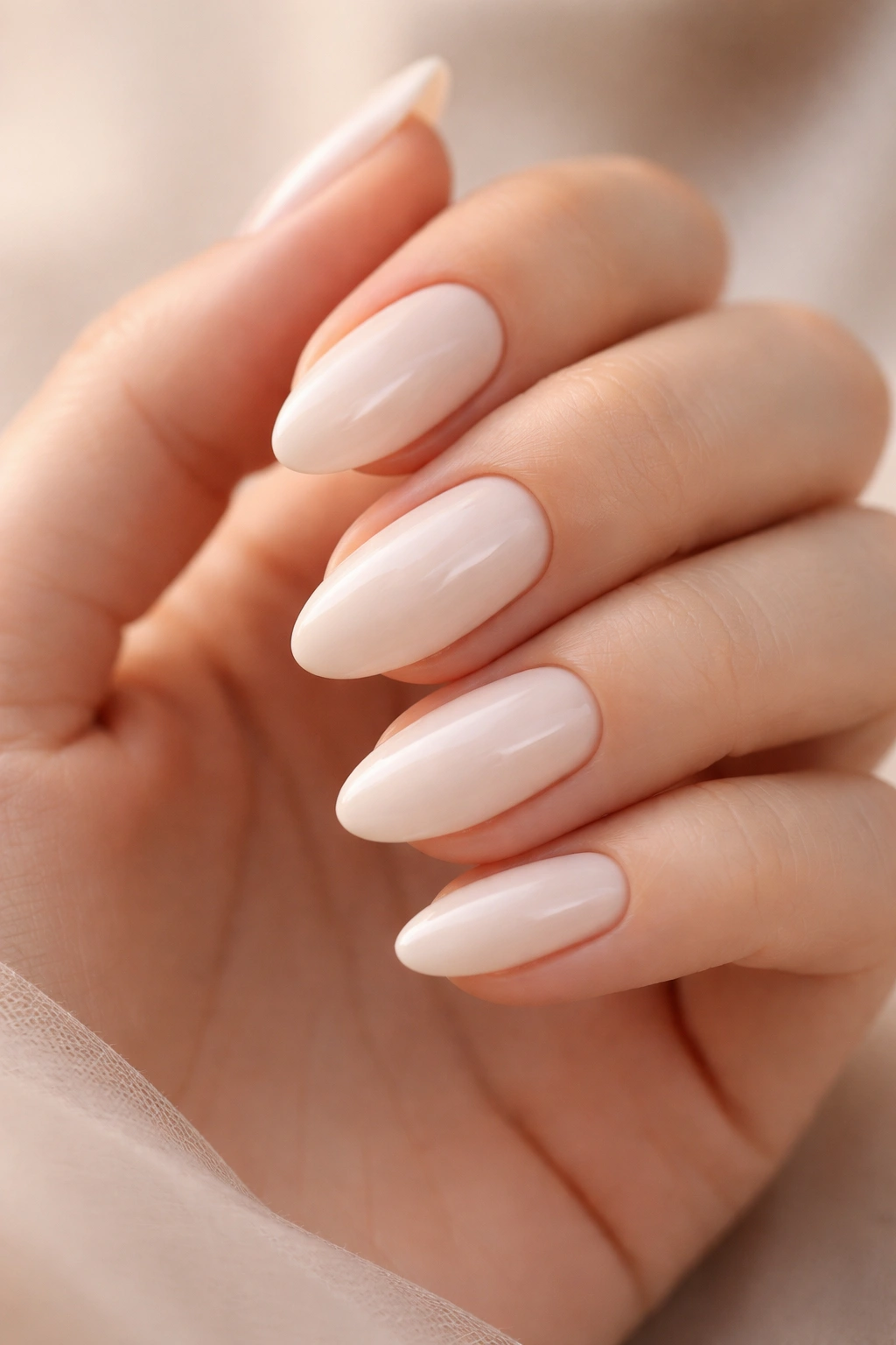 Close-up of hands with creamy vanilla nails, warm lighting
