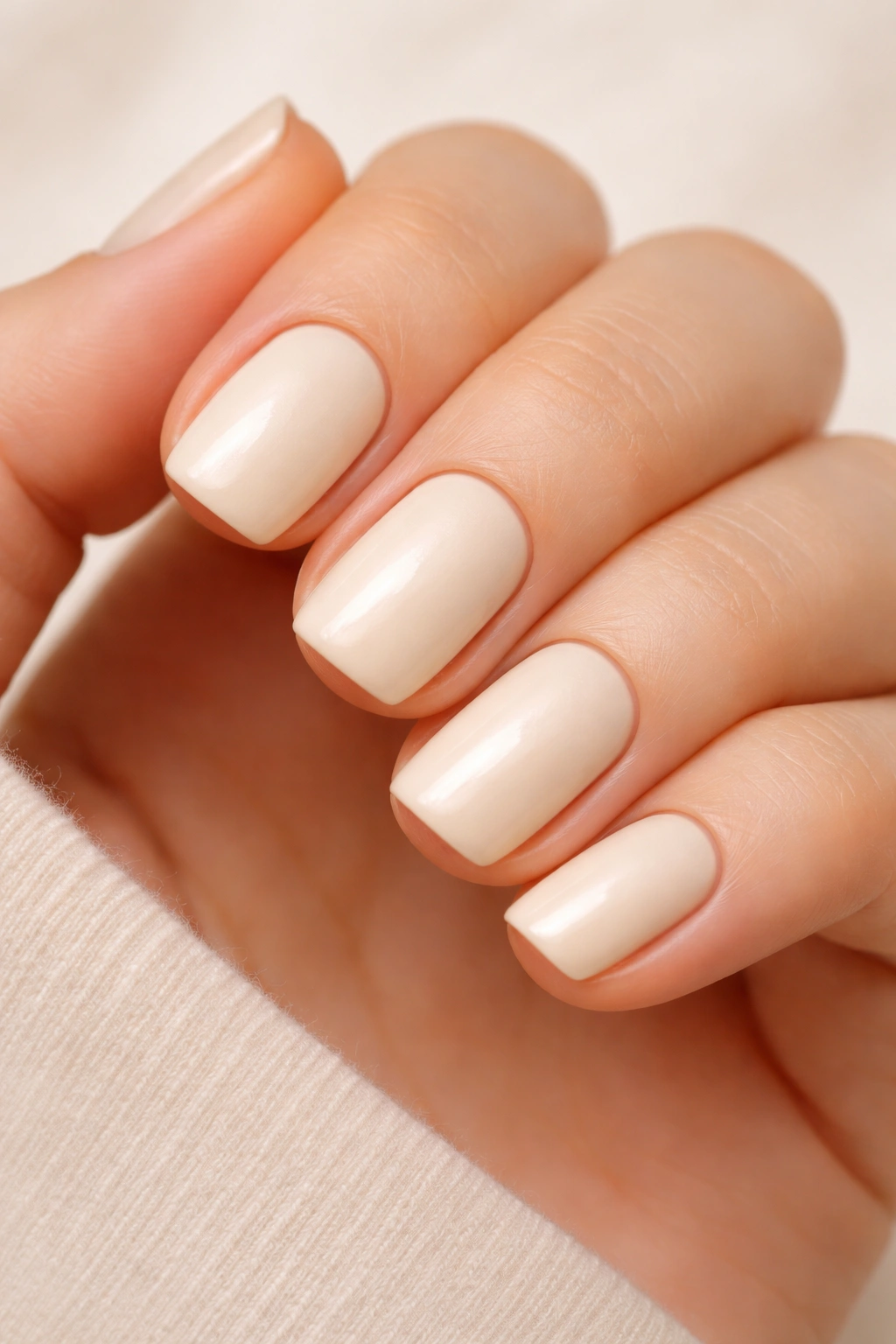Creamy vanilla nails on short squoval nails with satin finish.