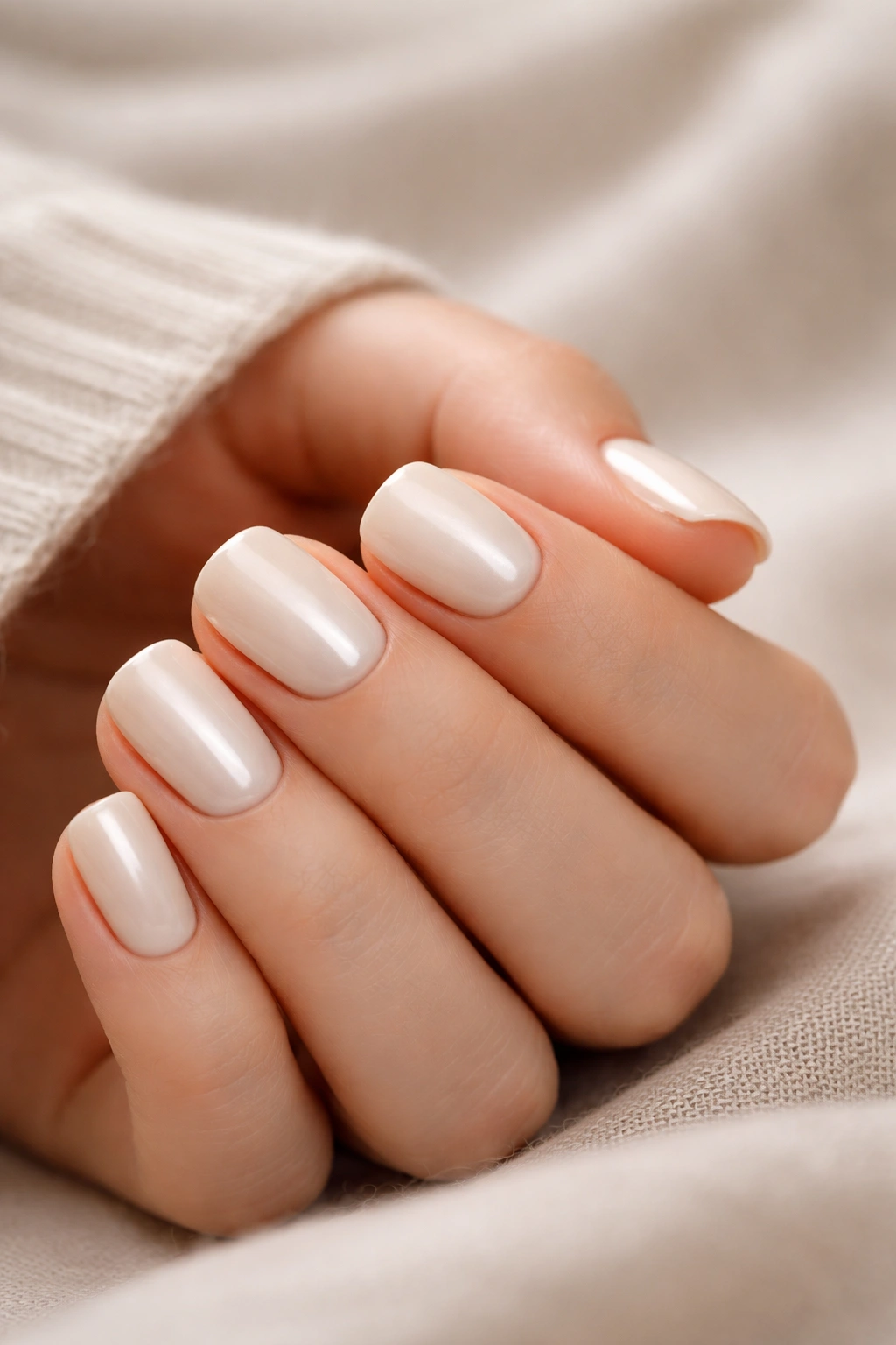 Close-up of short squoval nails in creamy vanilla with subtle pearlescent dimension