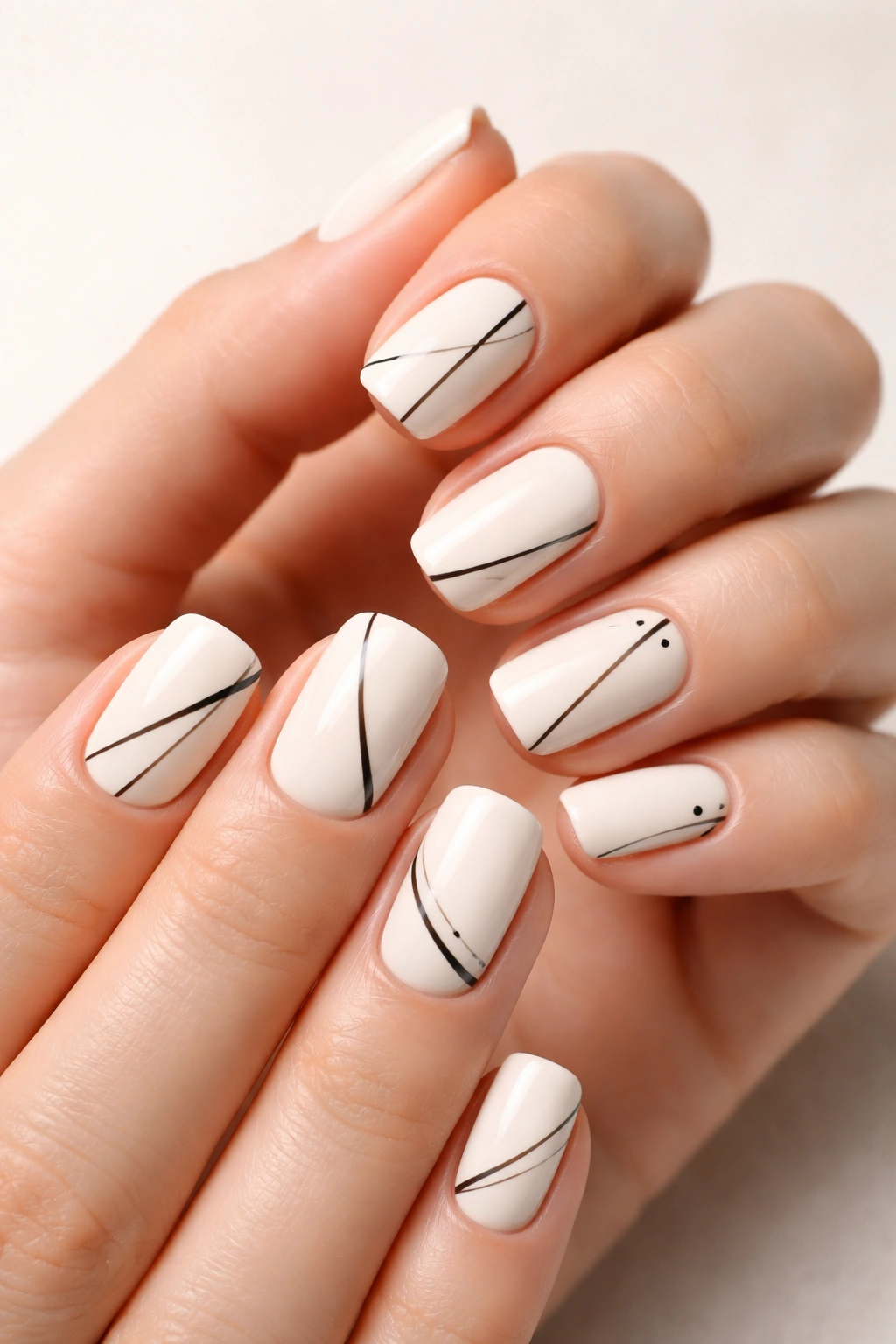 Creamy white nails with minimalist black details on short squoval nails