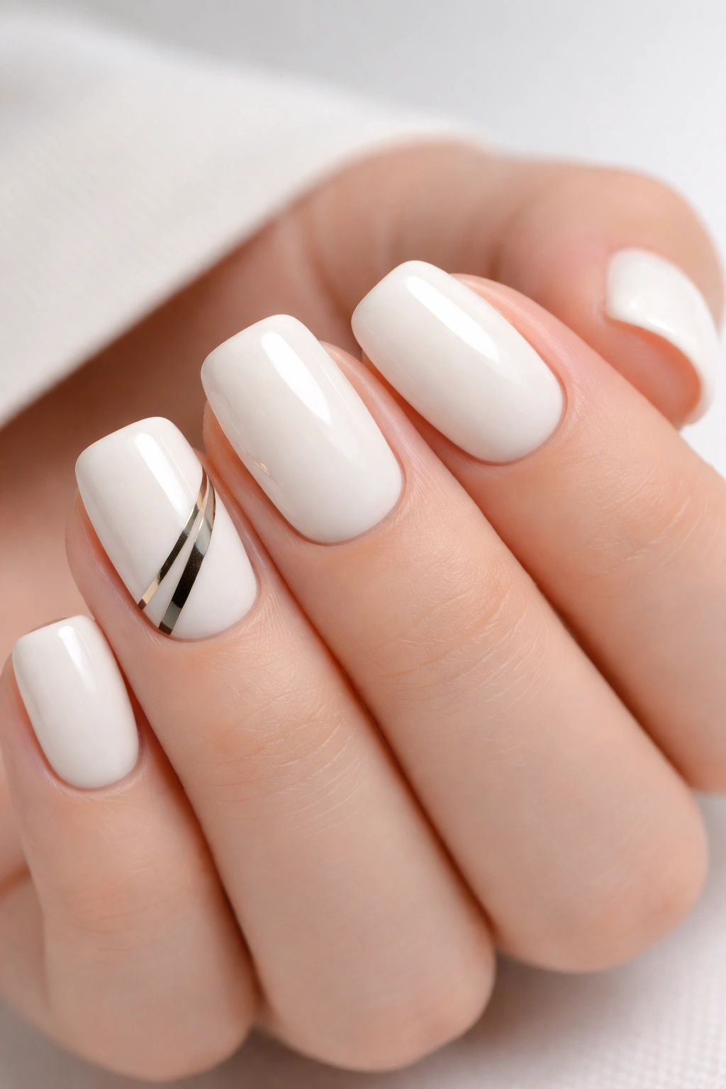 Close-up of short squoval nails with creamy white base and metallic geometric accent