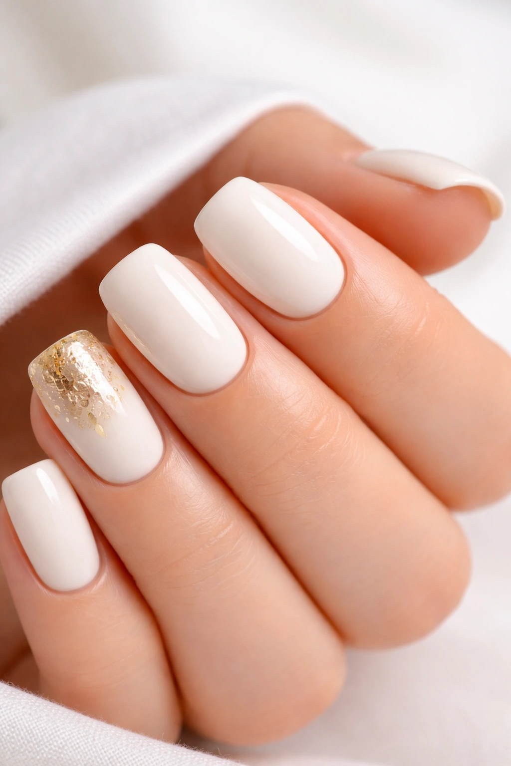 Creamy white nails with a gold foil accent on one nail