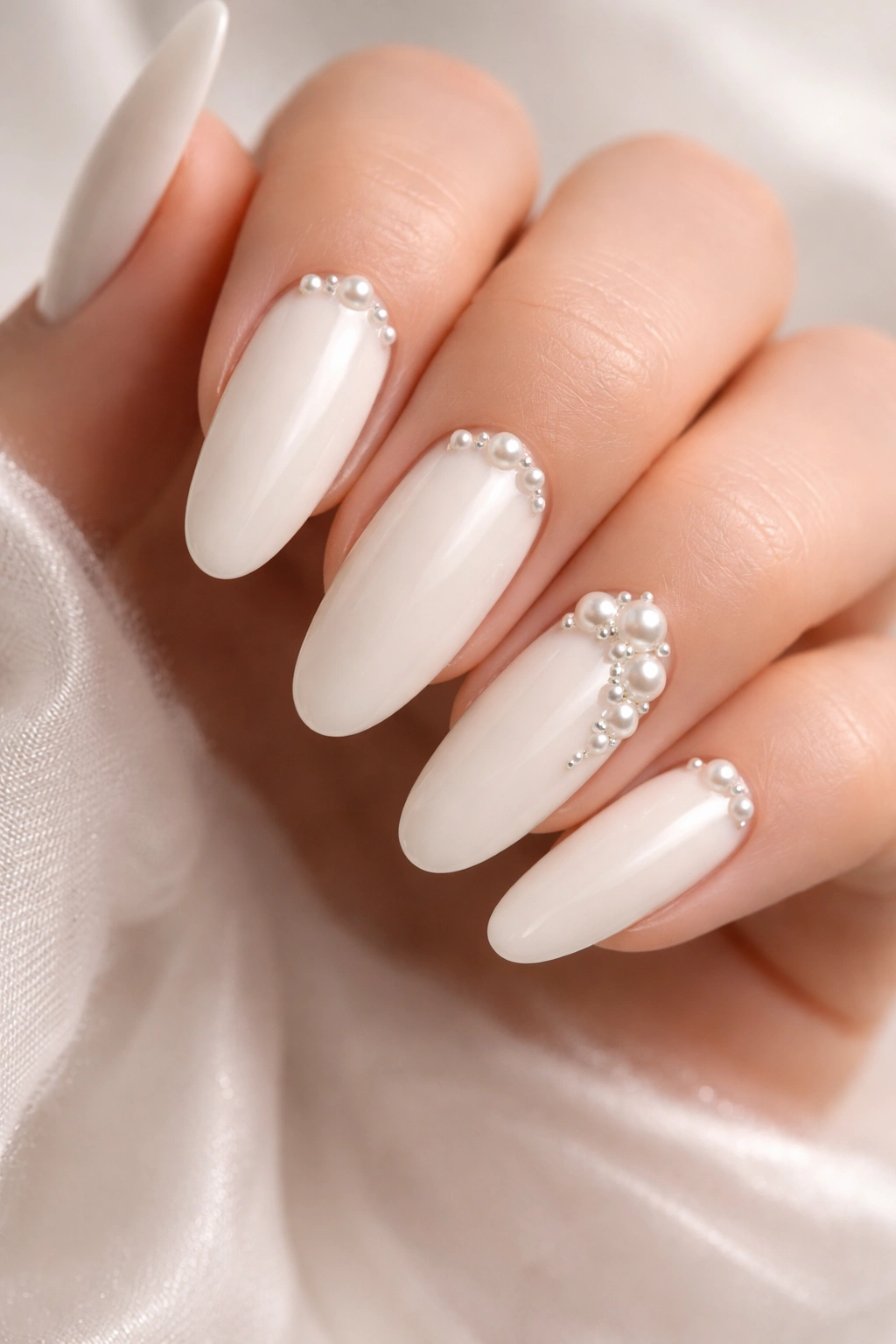Creamy white nails with 3D pearl embellishments