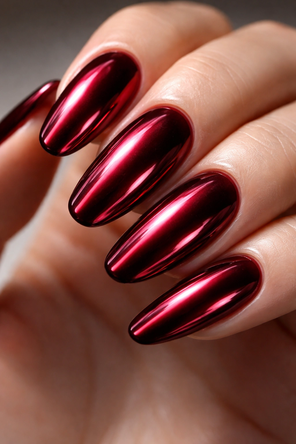 Close-up of deep crimson chrome nails with glass-like glossy finish