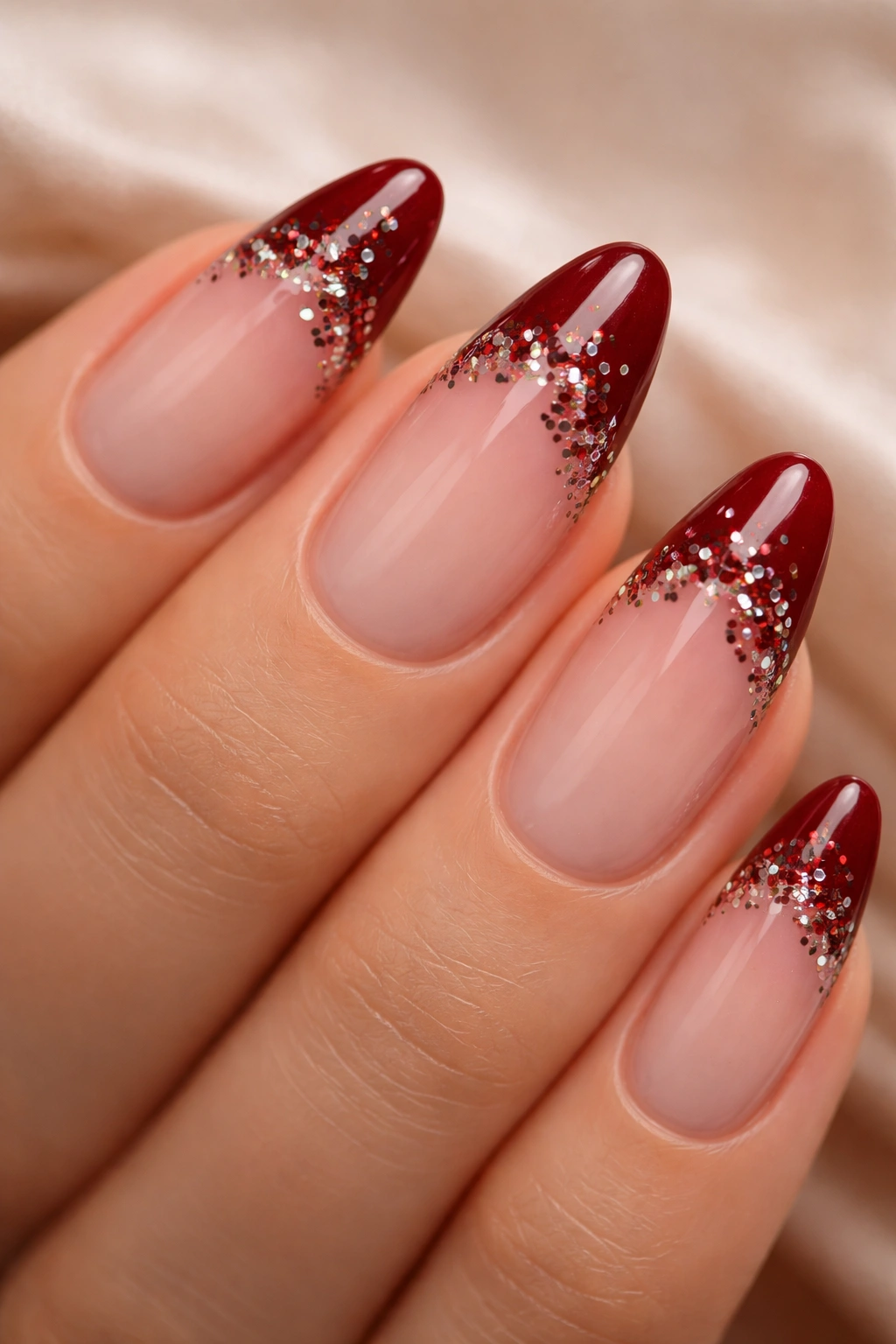 Close-up of almond nails with crimson tips and chunky glitter flakes
