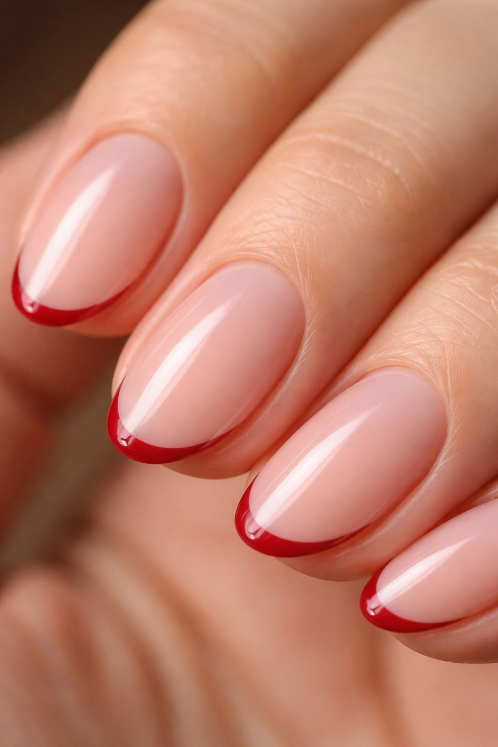 Close-up of short almond nail with ultra-thin crimson micro French tip