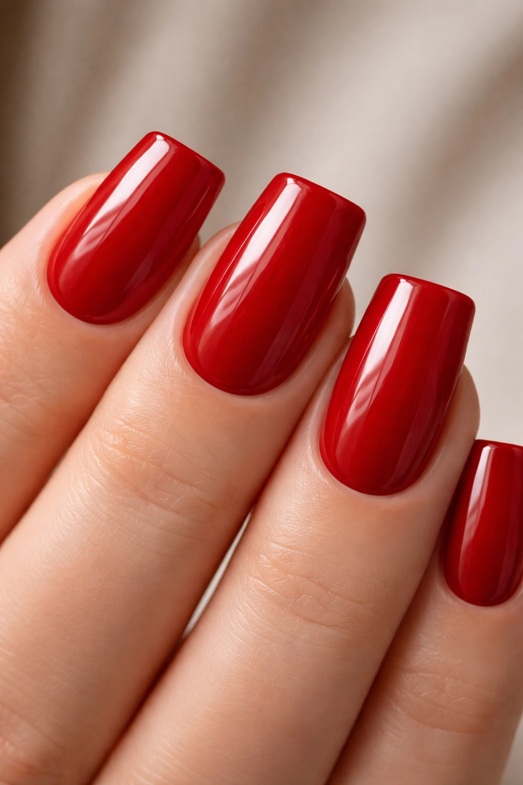 Close-up of short nails in pure crimson red with duck-nail flare on a neutral background