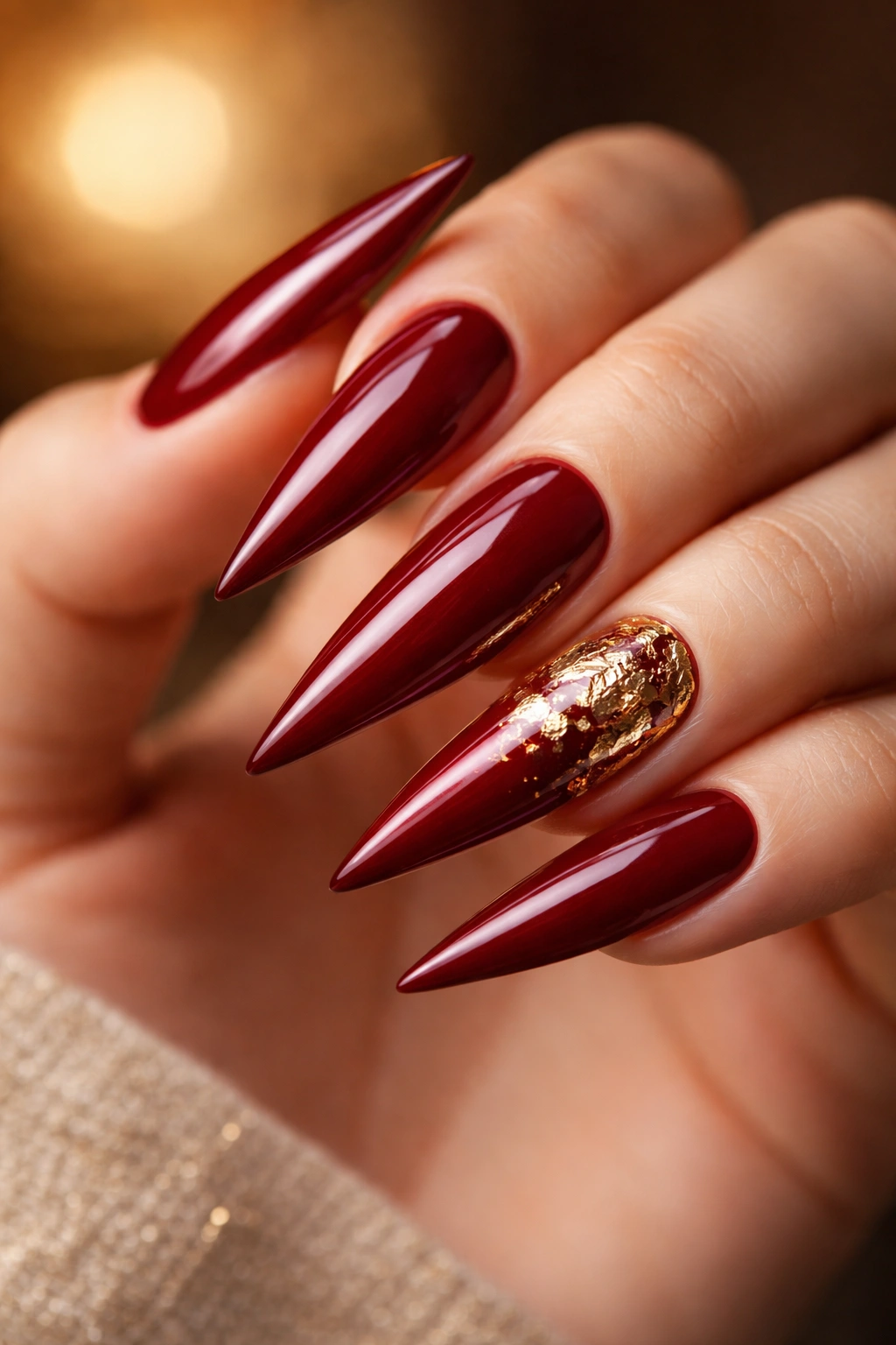 Close-up of glossy crimson stiletto nails with subtle gold leaf accents.