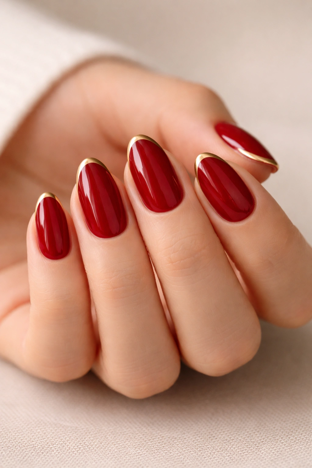 Close-up of short almond nails with crimson base and thin gold tips