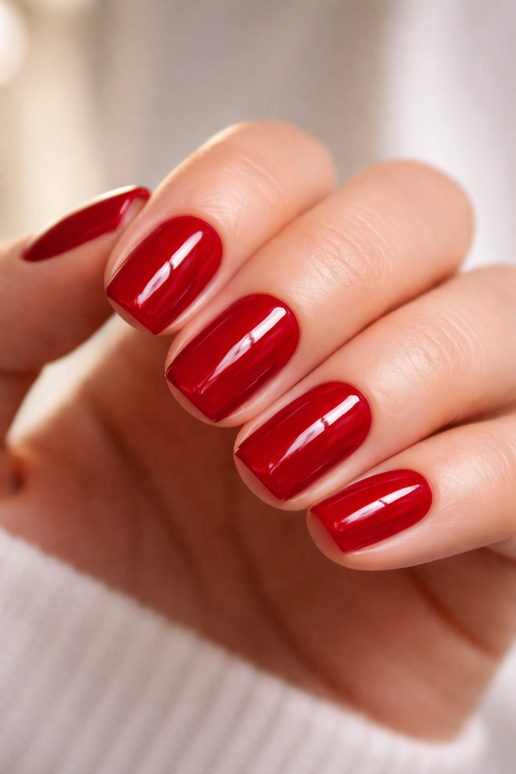 Close-up of short squoval nails painted vivid crimson with a glossy finish