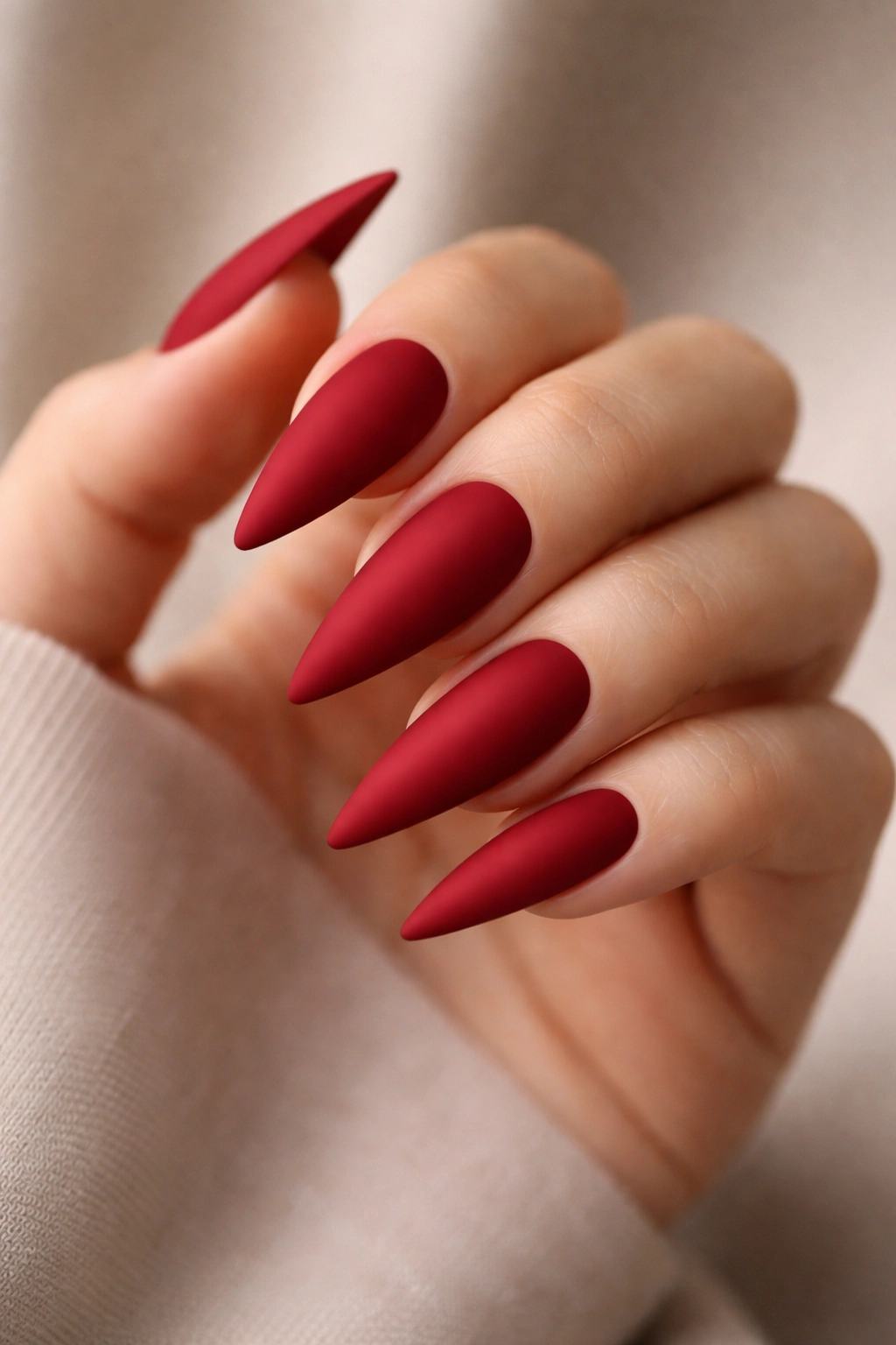 Close-up of solid crimson stiletto nails with a matte finish on a hand