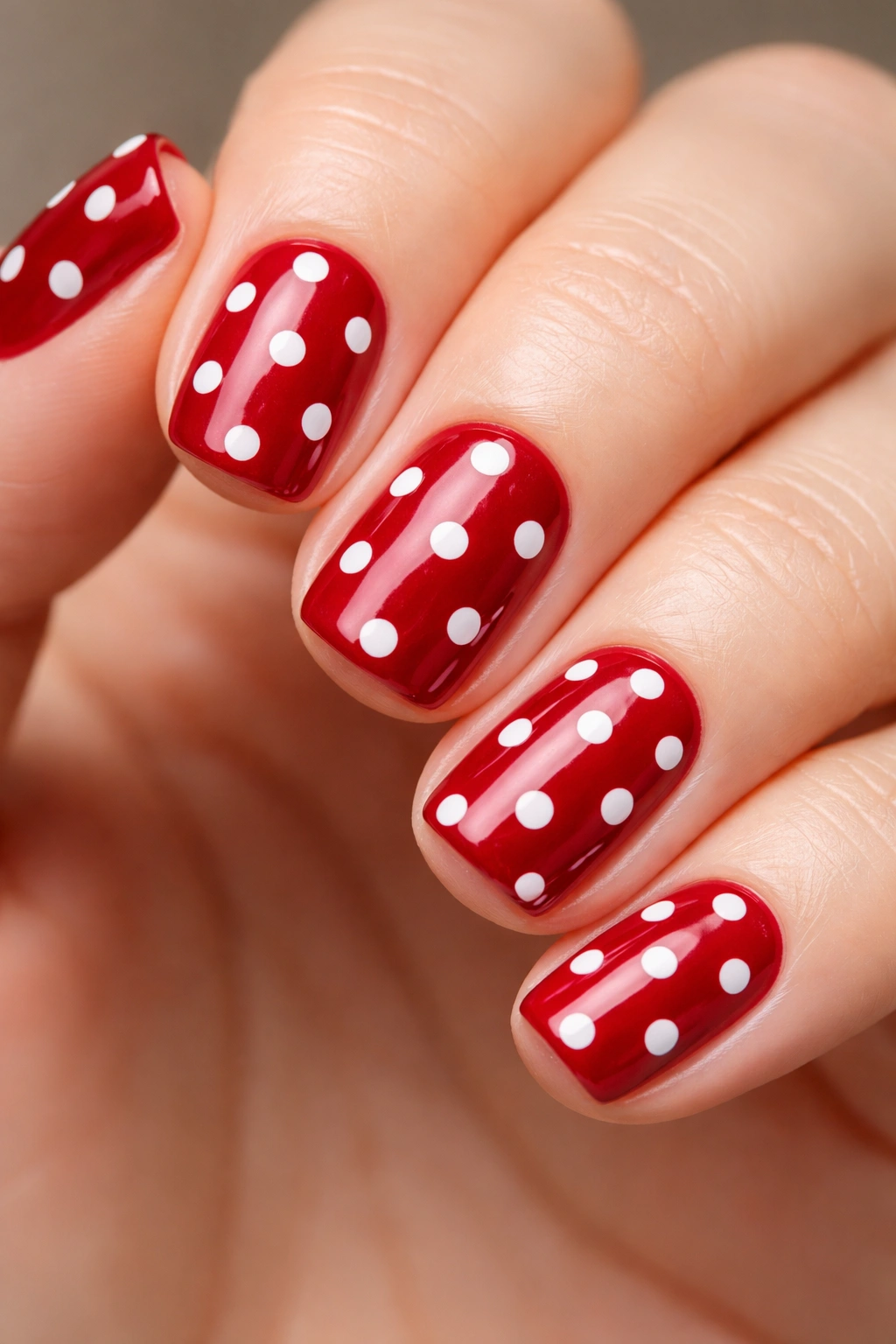 Crimson nails with white polka dots on a neutral background