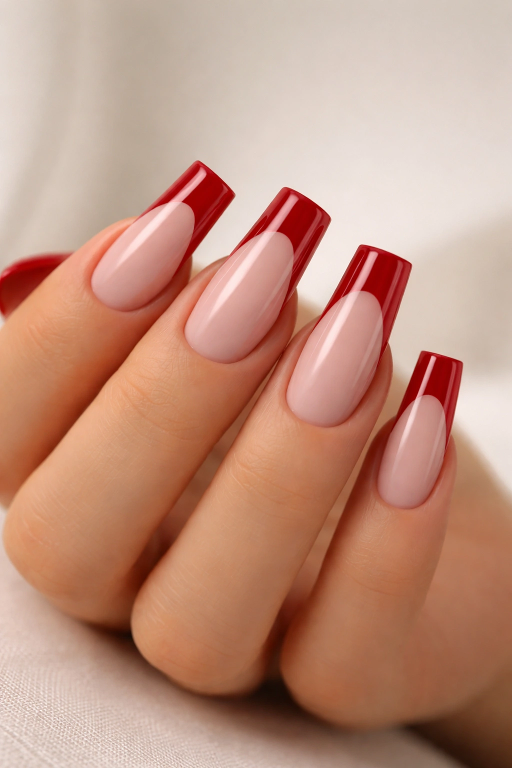 Close-up of a hand with duck nails featuring classic crimson red French tips on pale pink bases