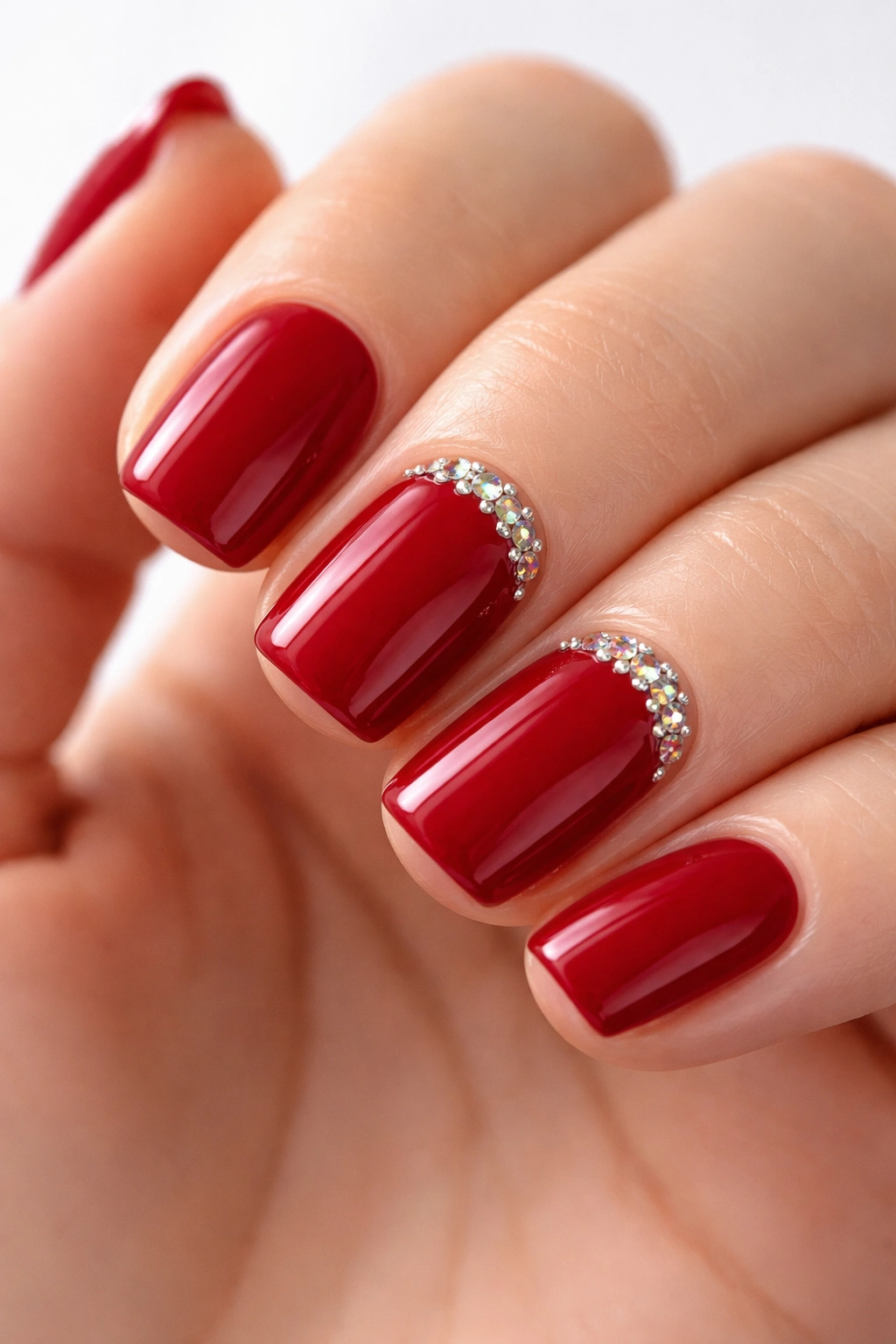 Short squoval nails in crimson red with rhinestones near the cuticle