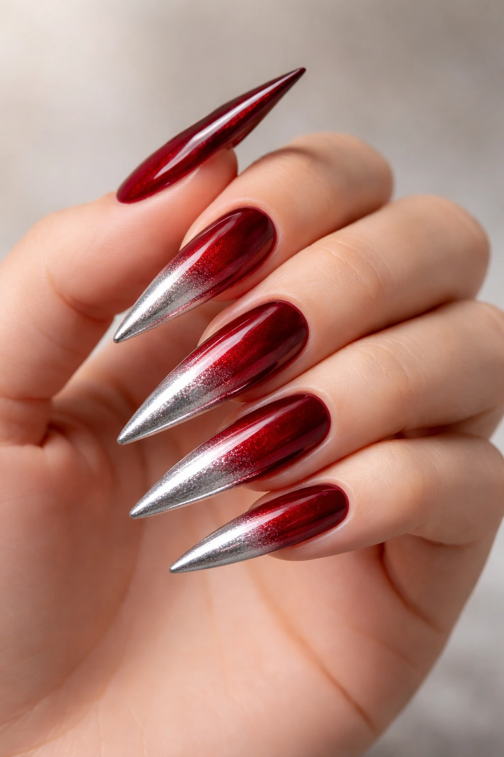 Close-up of crimson to silver ombre stiletto nails on a bare hand