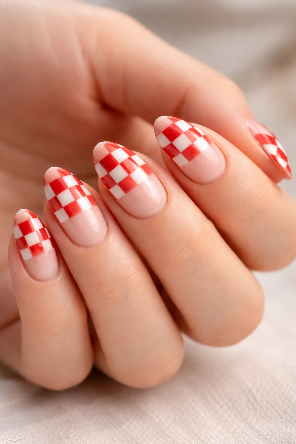 Short almond nails with crisp base line and smooth topcoat