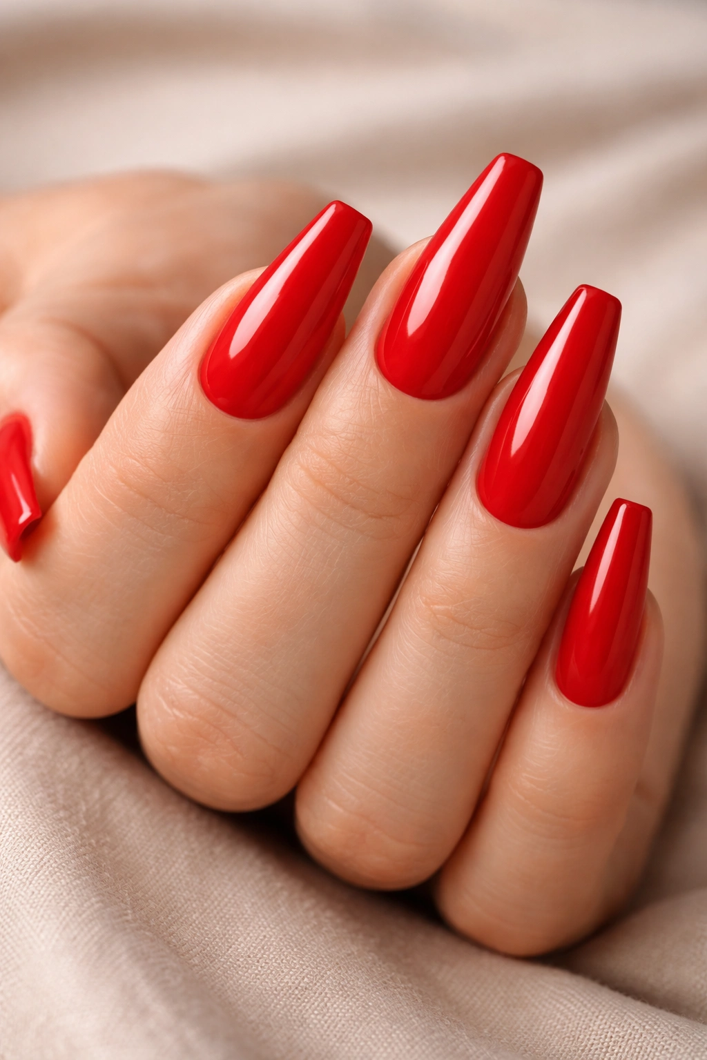 Close-up of red ballerina nails with crisp edges and clean cuticles