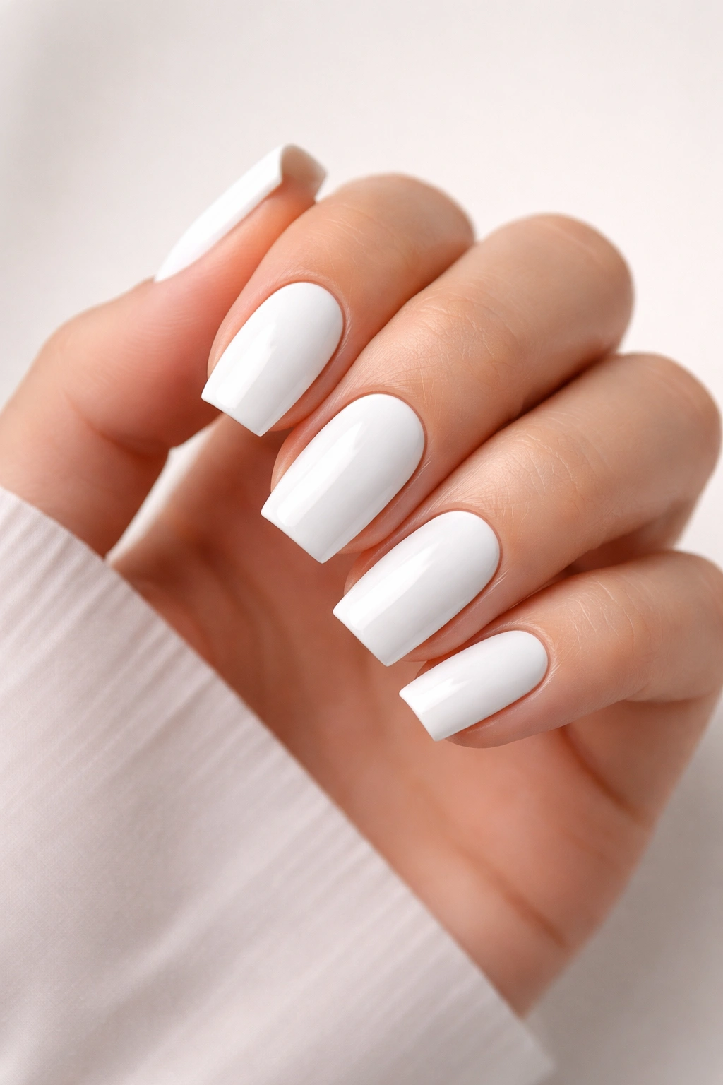 Close-up of crisp white nails on a hand with a pale backdrop