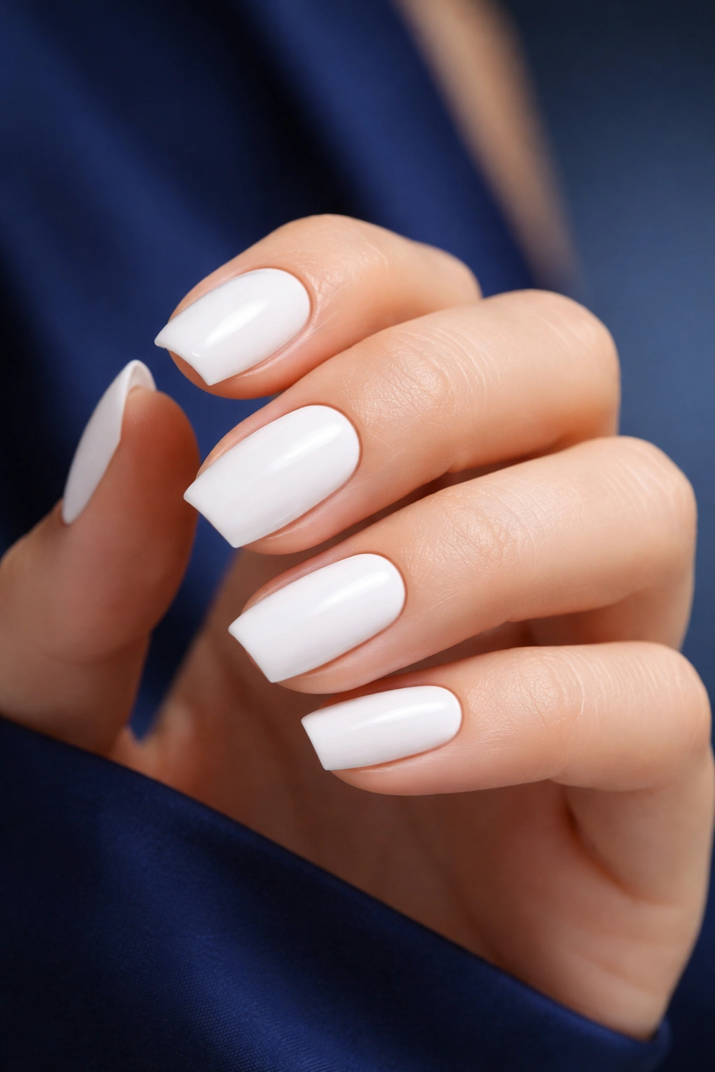 Close-up of crisp white nails with a navy backdrop highlighting high-contrast manicure
