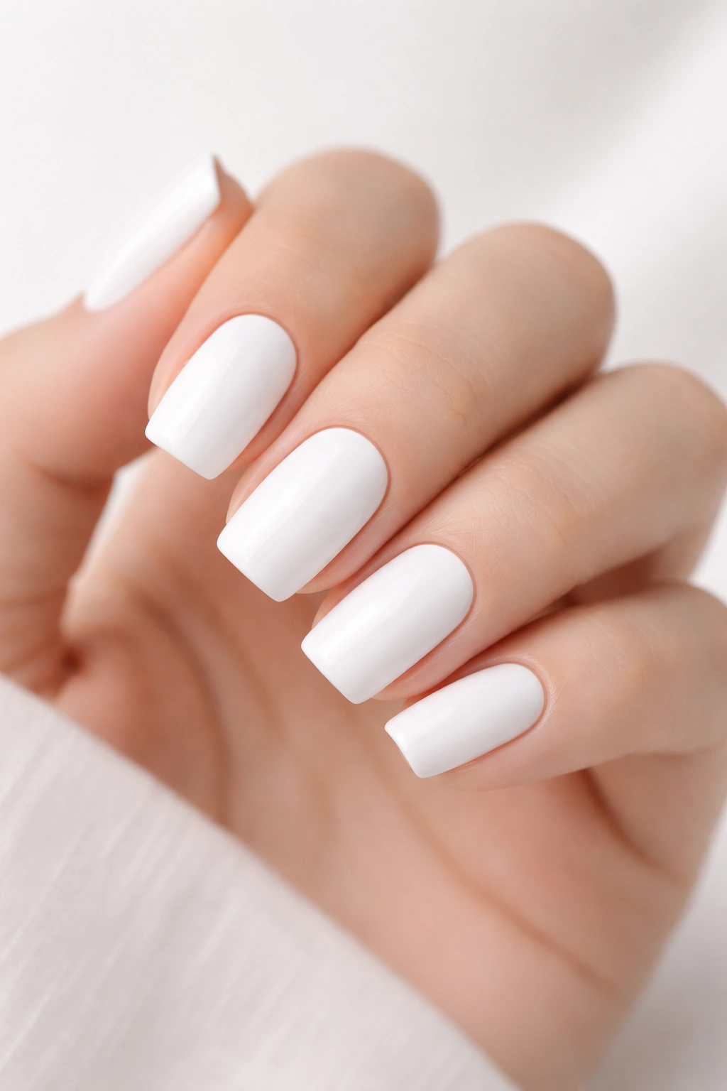 Close-up of crisp white nails on a manicured hand against a neutral background