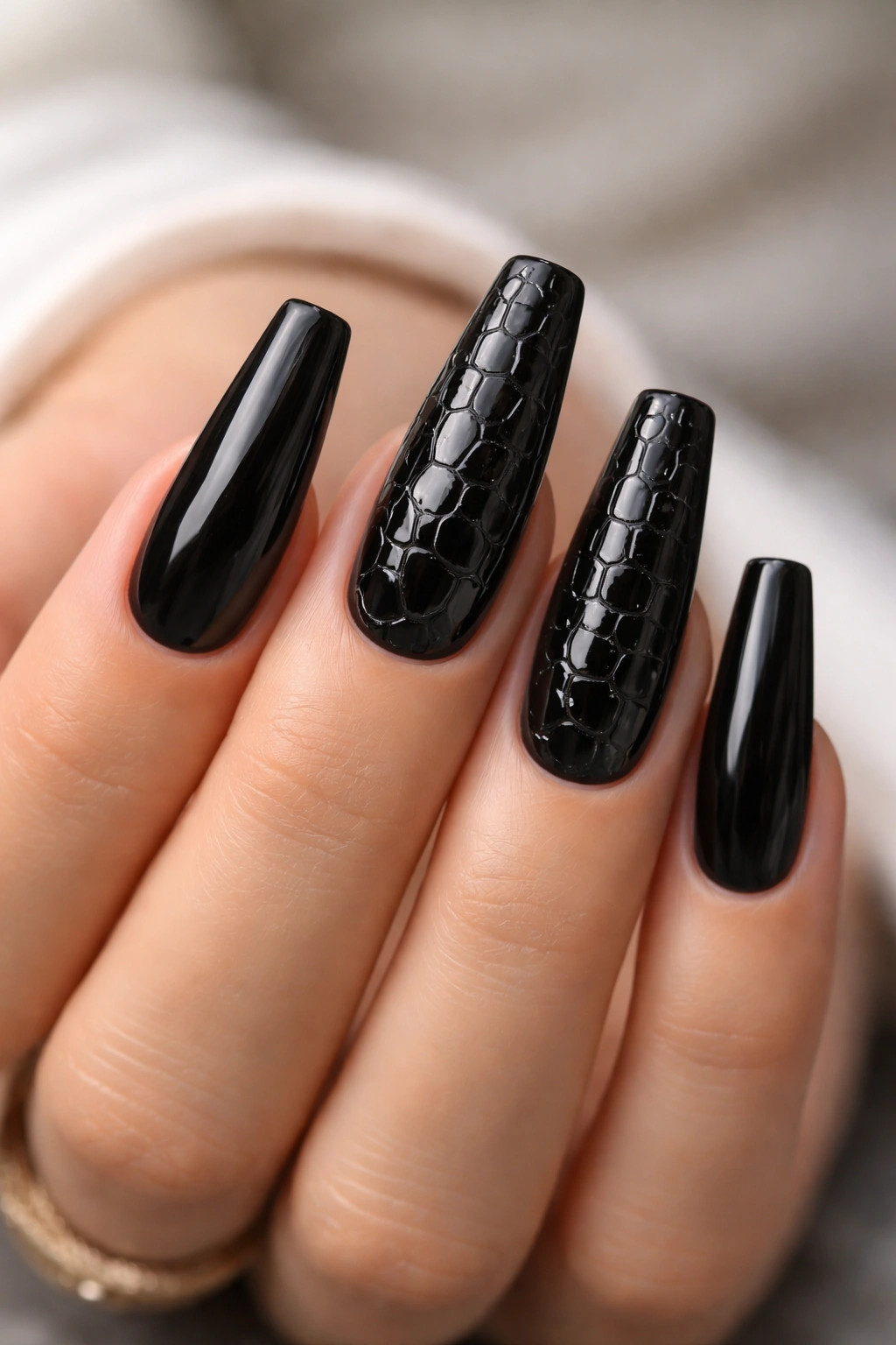 Glossy black croc texture ballerina nails