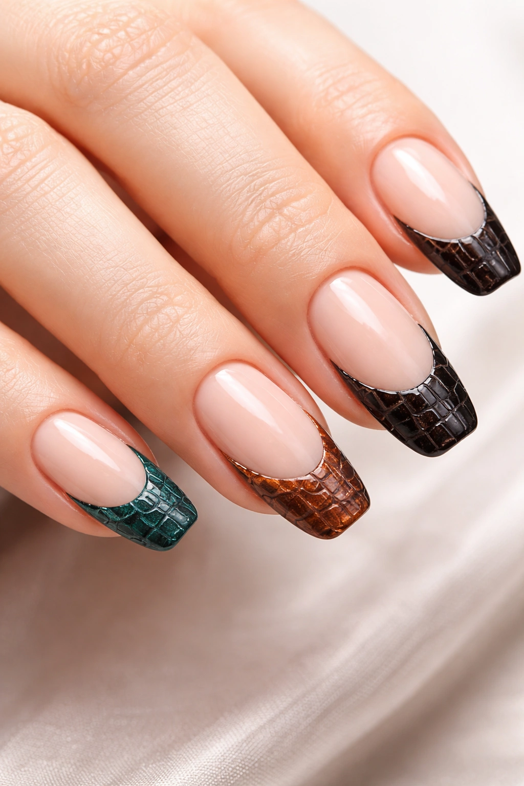 Crocodile textured French tips on nude nails with scaled tips