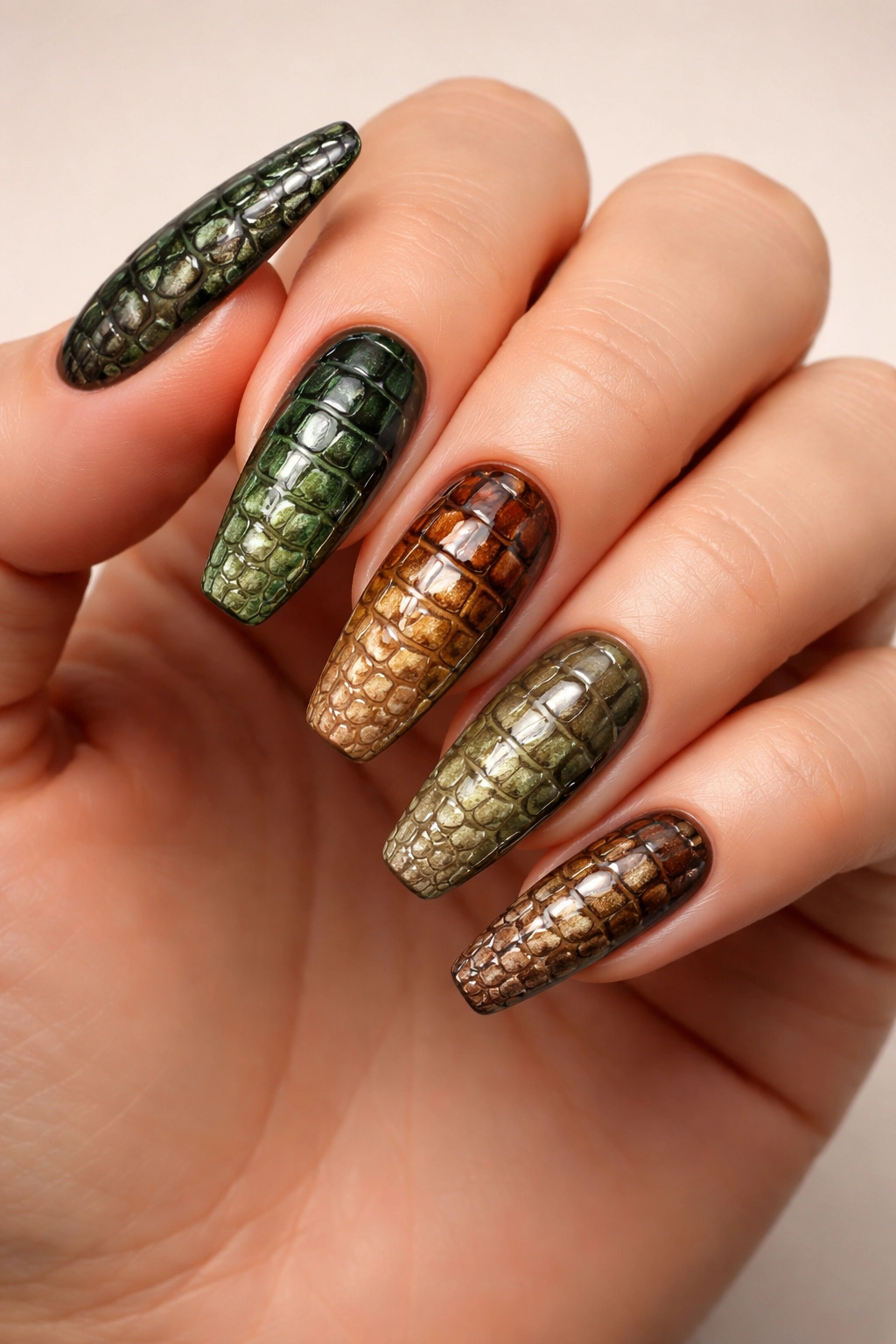Close-up of crocodile/alligator print nails with scale texture